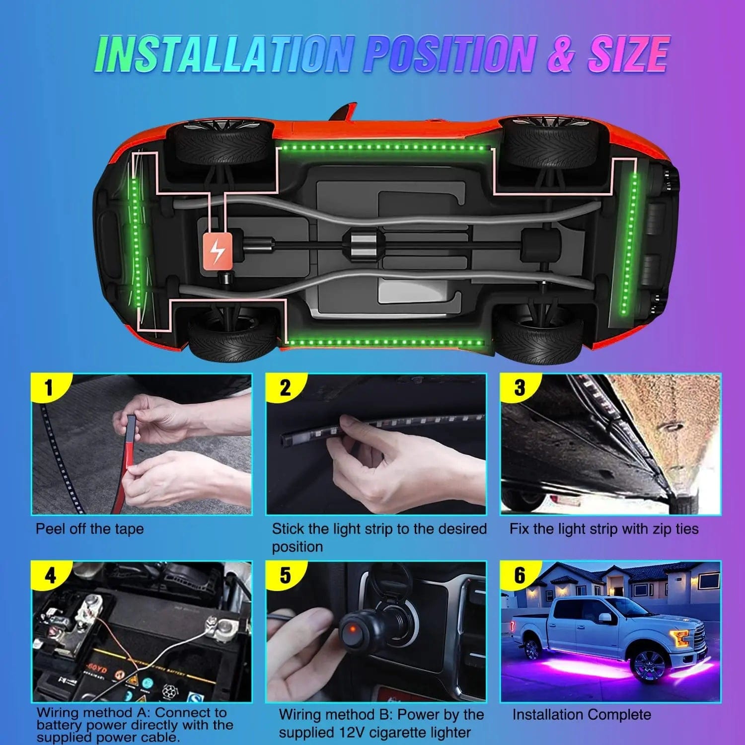 252 LEDs RGB Underglow Neon Wireless Remote Control LED Strip Lights (4 PCS) - Perfect for Car Interior, Bedroom, Party, and Home Decoration Lighting