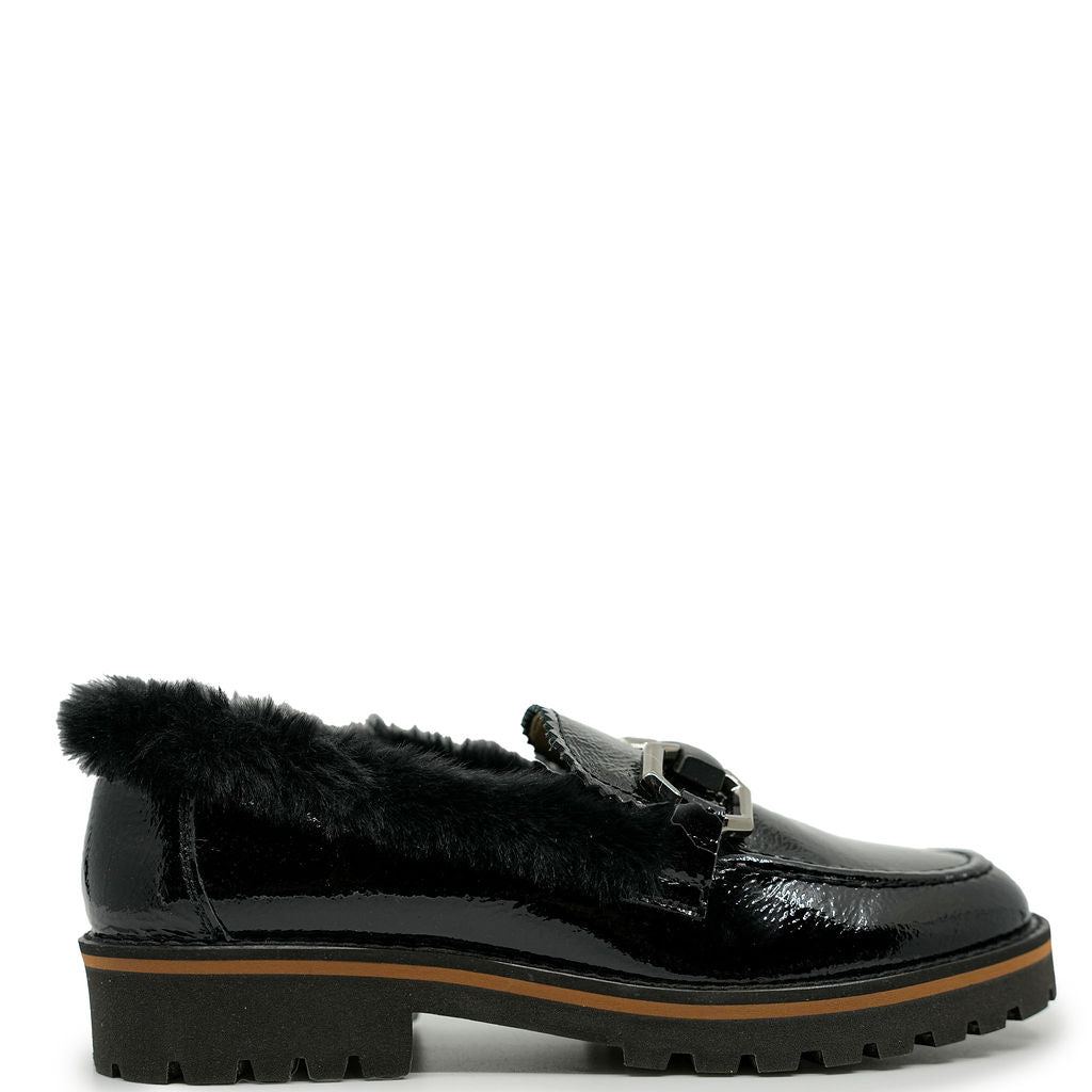 Beberlis Black Patent Fur Chunky Loafers for Women - Stylish & Comfortable Slip-On Shoes for Work, Office & Casual Outfits