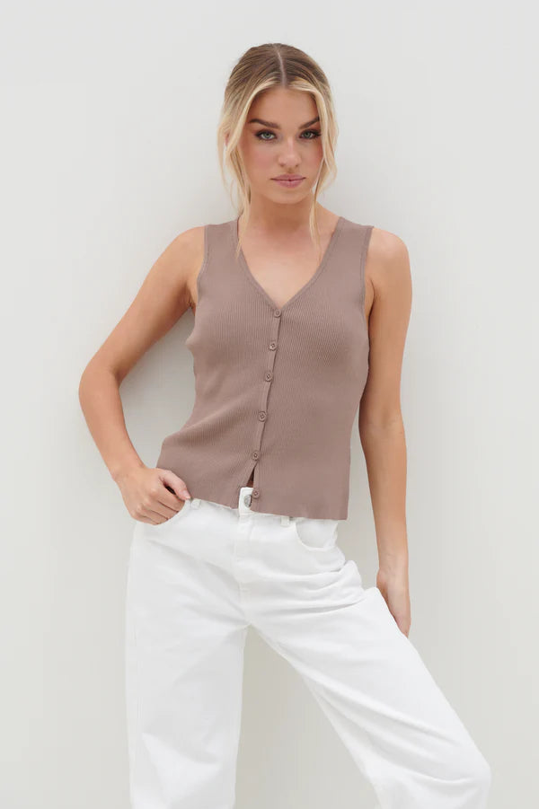 Casey Sleeveless Button Top in Taupe - Stylish Women's Casual Blouse for Summer Outings and Office Wear