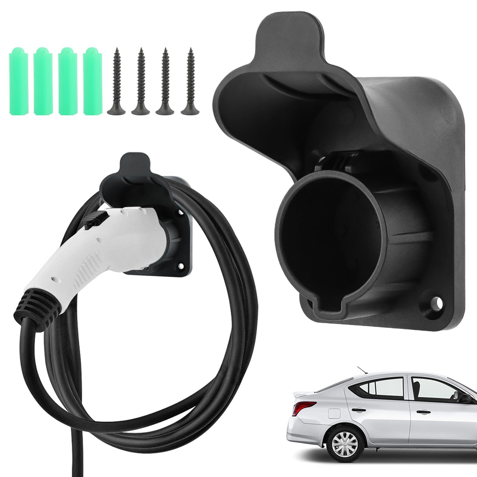 JIANWEI EV Charger Holder Wall Mount - Compatible with SAE J1772 Electric Car Charging Plug, Cable Hanger & Cord Organizer - Indoor/Outdoor Electric Vehicle Charger Nozzle Holster Dock (Black) - Perfect for Home Garage, Parking Lot & Public Charging Stations