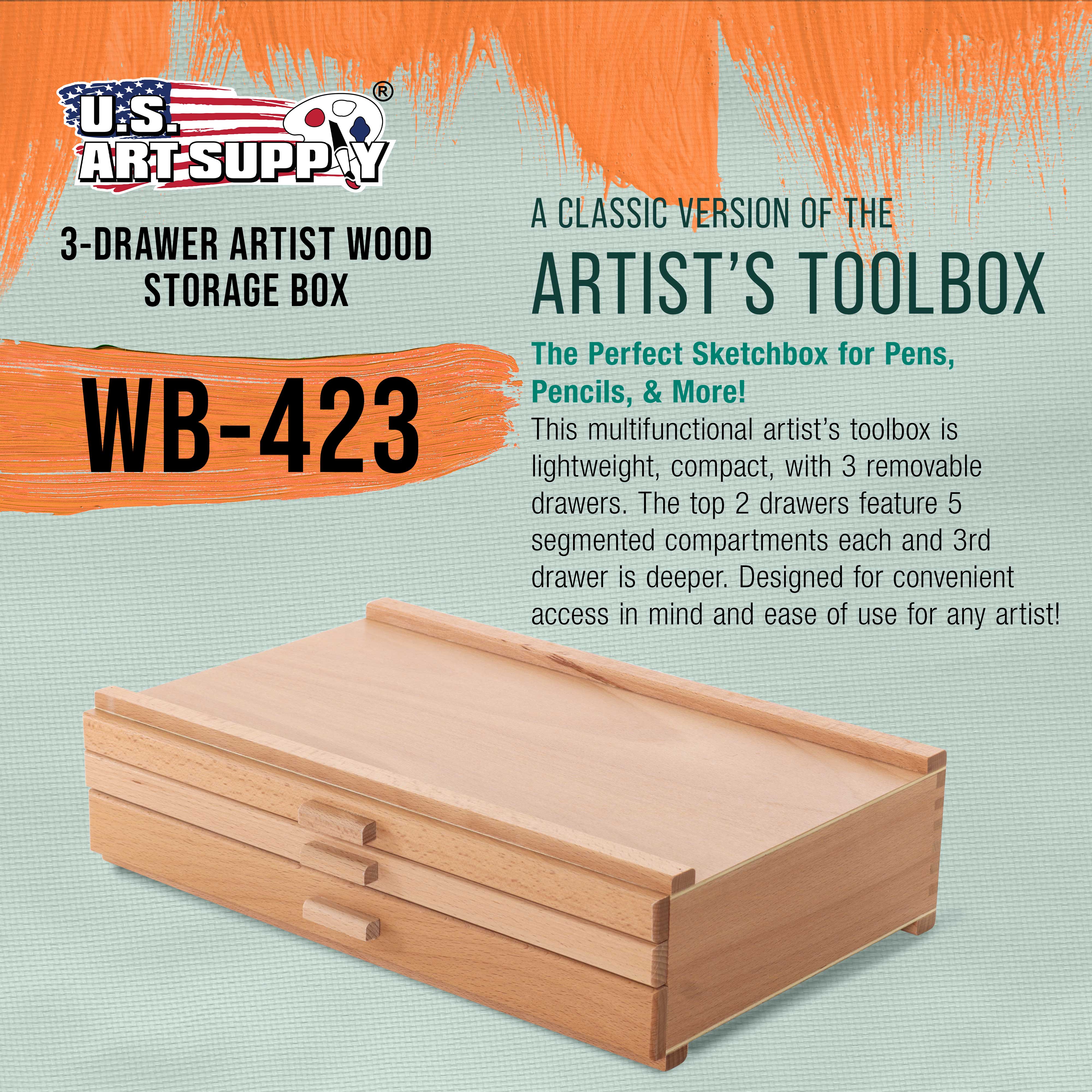 3-Drawer Artist Wood Storage Box - Elm Hardwood Construction with 5 Compartments per Drawer | Organize Pastels, Pens, Pencils, Markers, Charcoal & Blending Tools | Perfect for Art Studios, Classrooms & Home Crafting