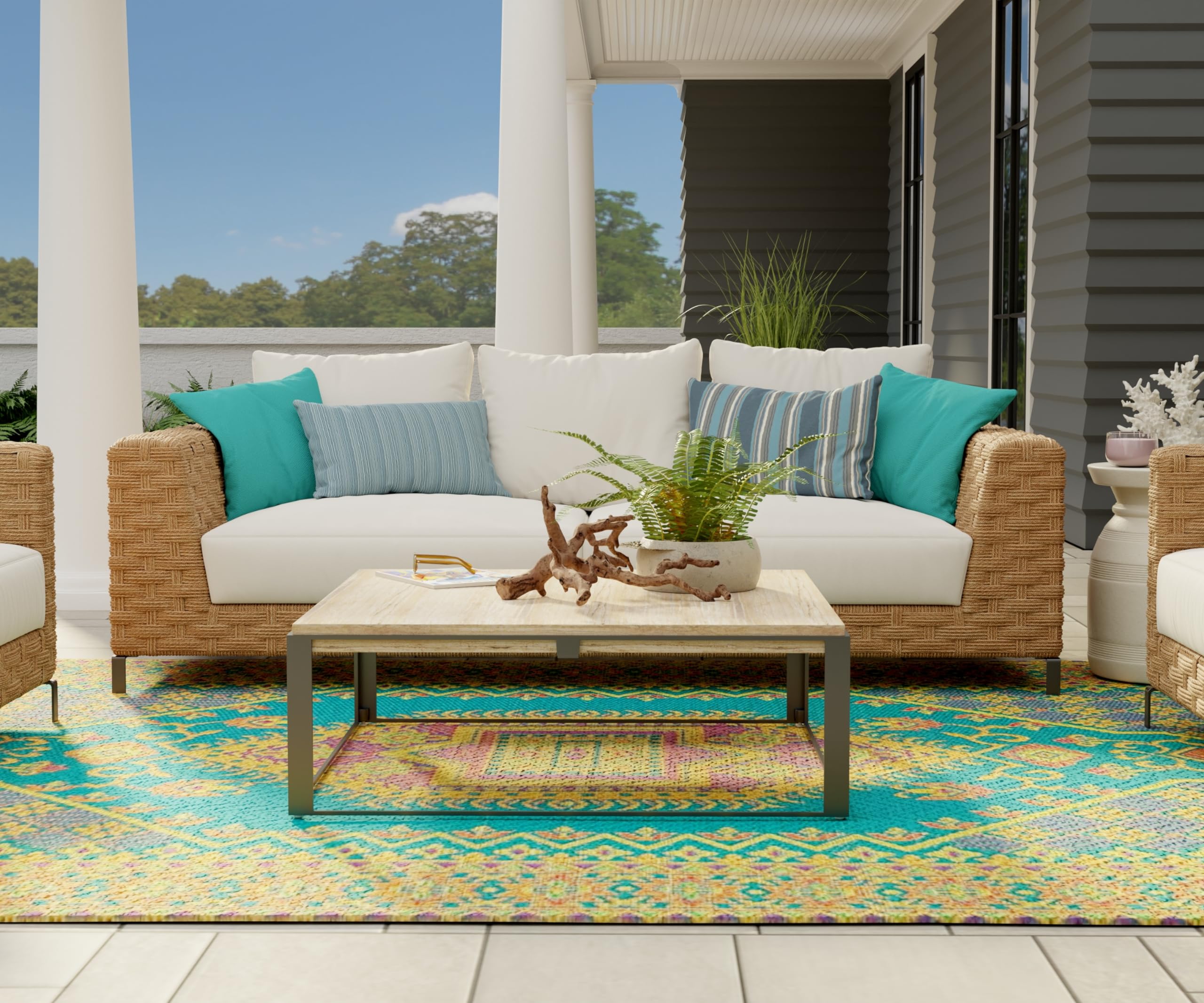 Mad Mats Traditional Reversible Outdoor Rug 5' x 8' - Durable Plastic Mat for Patio, Porch, Poolside, Deck & RV | Waterproof & Easy-Clean | Oriental Turkish Design in Aqua Blue | Perfect for Camping, Mudroom & Outdoor Entertaining