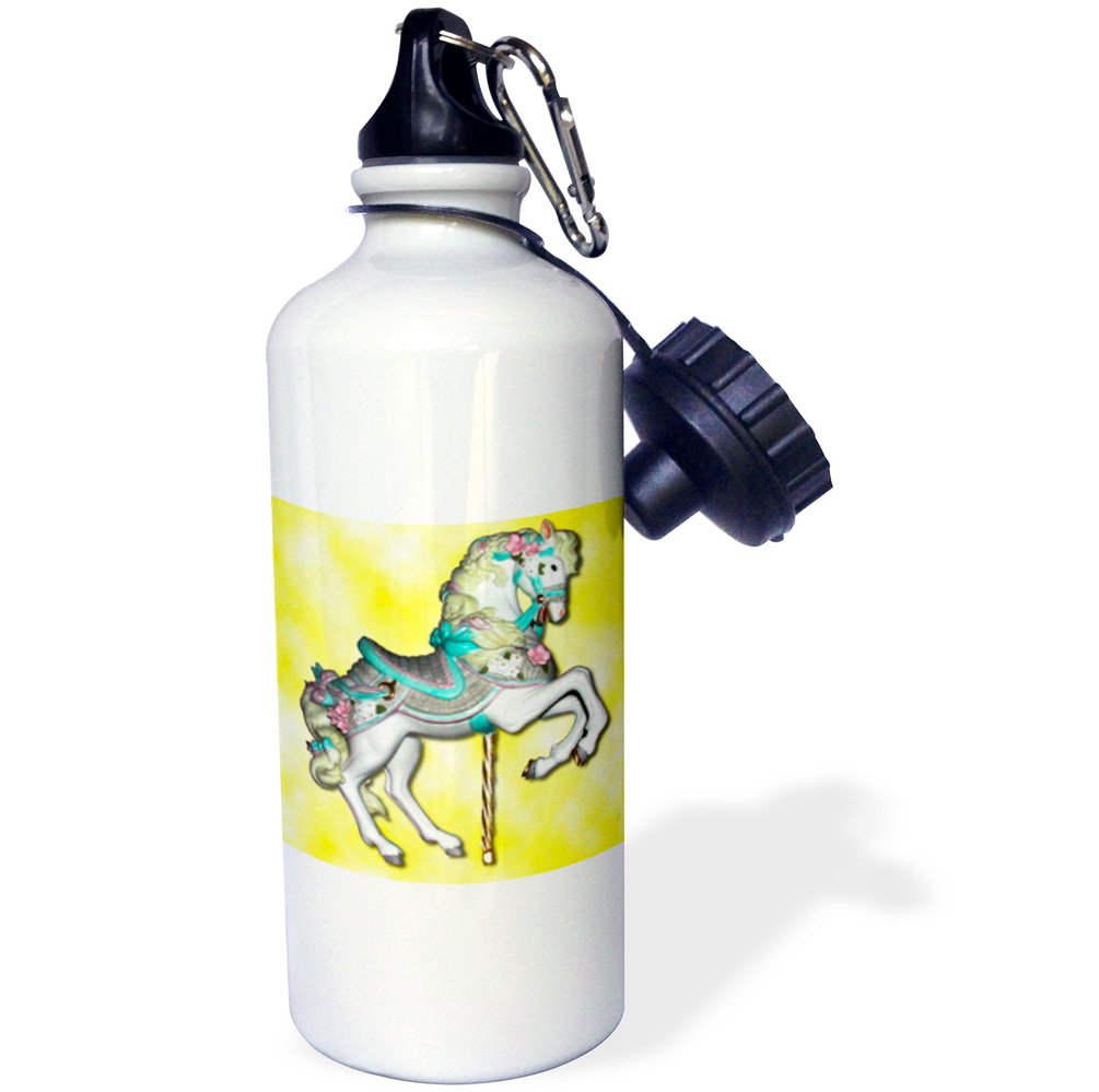 3D Rose Carousel Horse Yellow Sports Water Bottle - 21 oz White Insulated Water Bottle for Gym, Hiking & Outdoor Activities