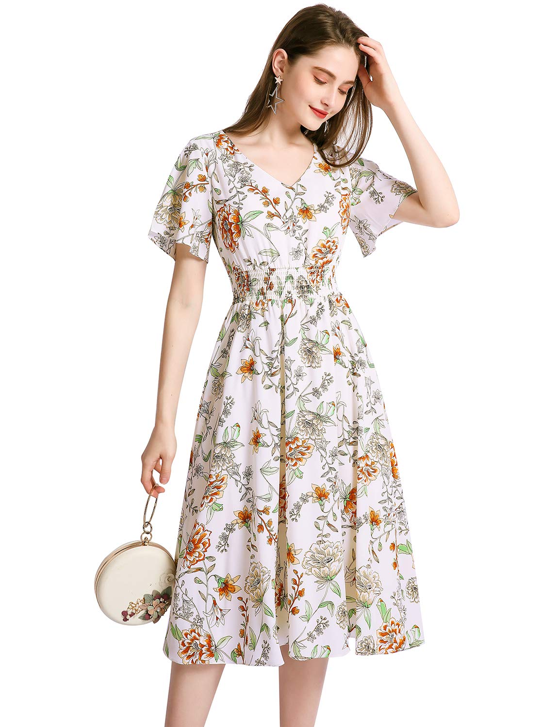 Gardenwed Women's Floral Chiffon Summer Dress with Elastic Waist - Perfect for Beach, Vacation & Outdoor Parties