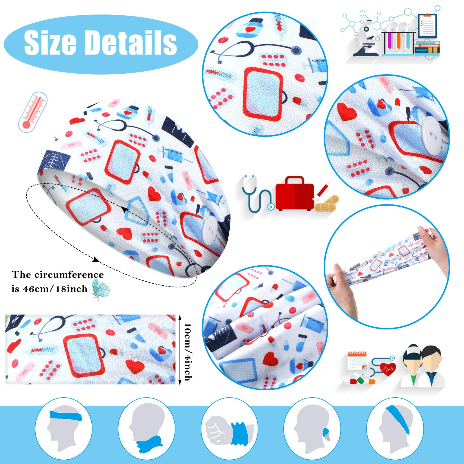 Hotop Non-Slip Elastic Women's Headbands with Buttons - Soft Ear Protection Head Wraps for Nurses, Doctors & Athletes - Adjustable Hair Bands for Work, Sports & Daily Use - Perfect Gift for Healthcare Workers & Fitness Lovers