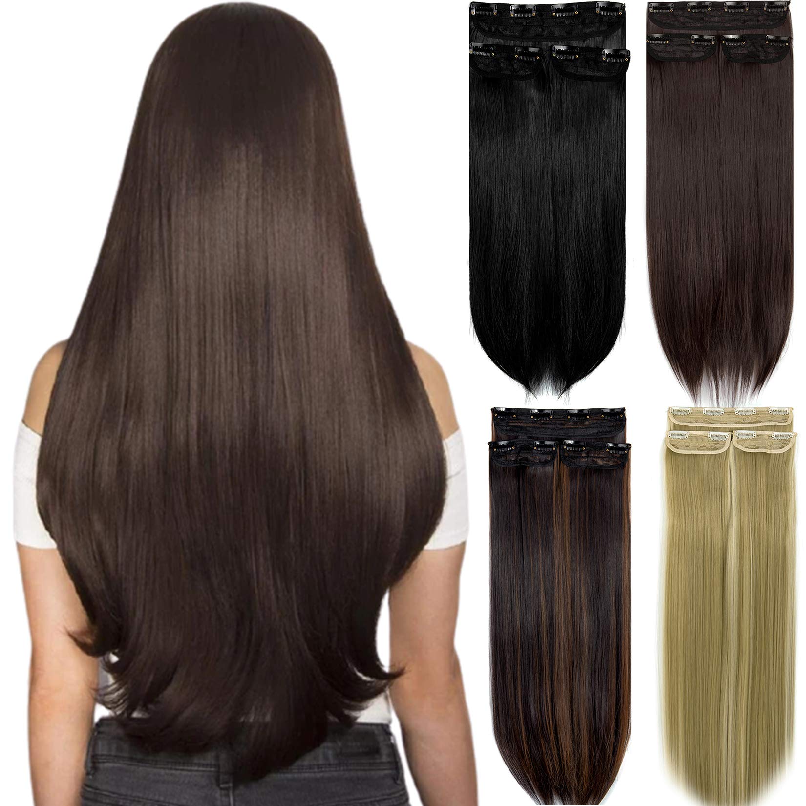 Clip in Hair Extensions 3Pcs - 8 Clips Straight Thick Full Head Double Weft Synthetic Hair Extensions for Women (18