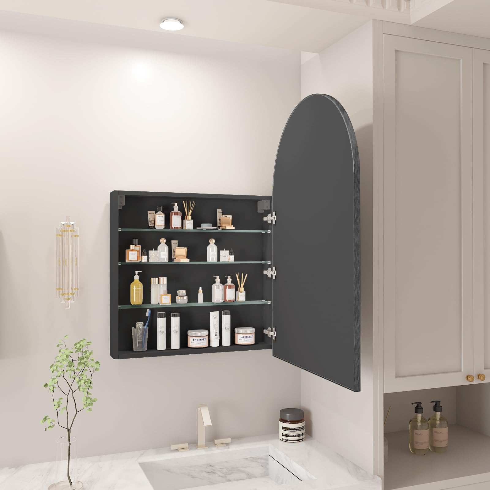 FKWin Arched Medicine Cabinet with Mirror - Aluminum Alloy Brushed Frame Bathroom Storage Mirror - 3 Adjustable Shelves Vanity Mirror - Surface Wall Mounted (Not Recessed) - 24x36 Inches Black - Perfect for Bathroom, Bedroom & Vanity Organization