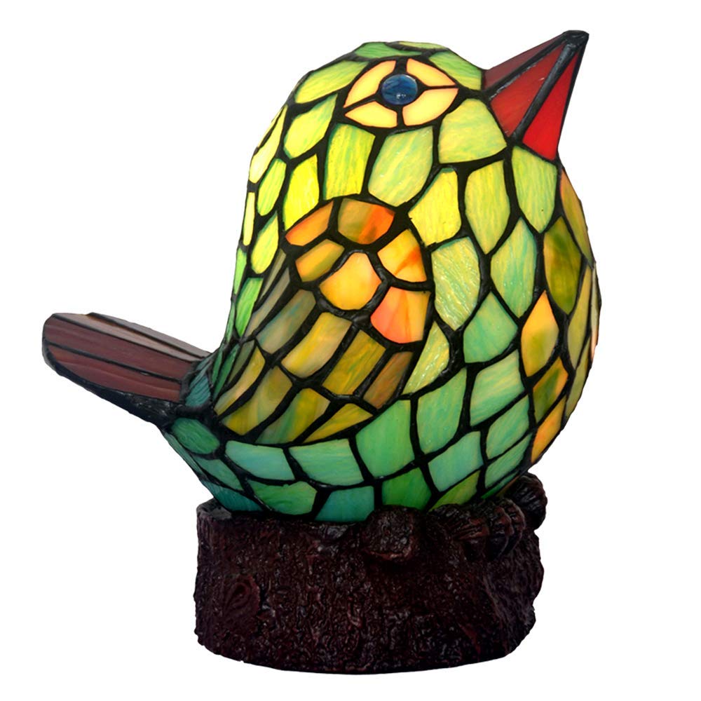Tiffany Style Table Lamp - 6 Inch Wide Stained Glass Shade with Little Green Bird Design, Resin Base Traditional Handmade Lighting for Living Room, Bedroom, Dining Room & Study | Perfect for Home Decor, Reading Nook & Nightstand Accent