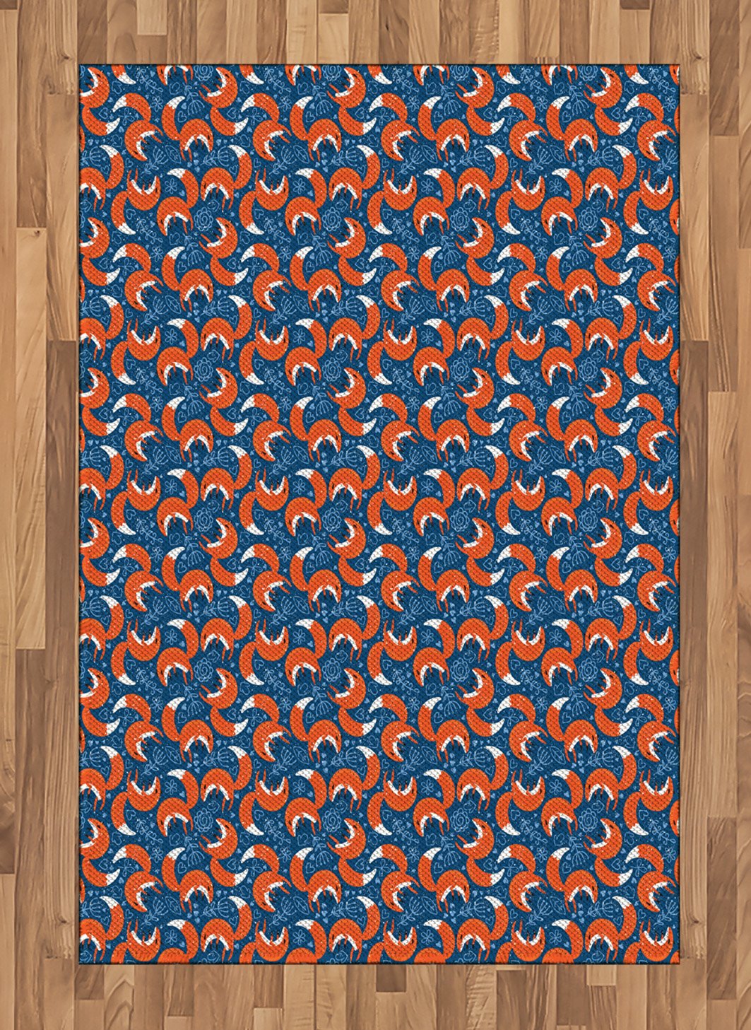 Ambesonne Fox Area Rug - Doodle Style Flowers and Hearts with Abstract European Forest Animal Design, Non-Slip Flat Woven Accent Rug for Living Room, Bedroom, Dining Room - 4' x 5'7