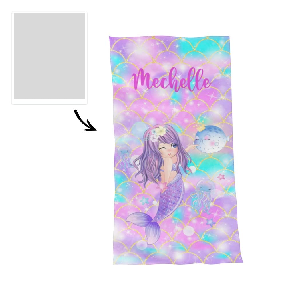 Dr.TOUGH Personalized Kids Beach Towels - Custom Name Mermaid Beach Towel for Girls, Microfiber Quick Dry (Mermaid H) - Perfect for Pool, Beach & Summer Vacations