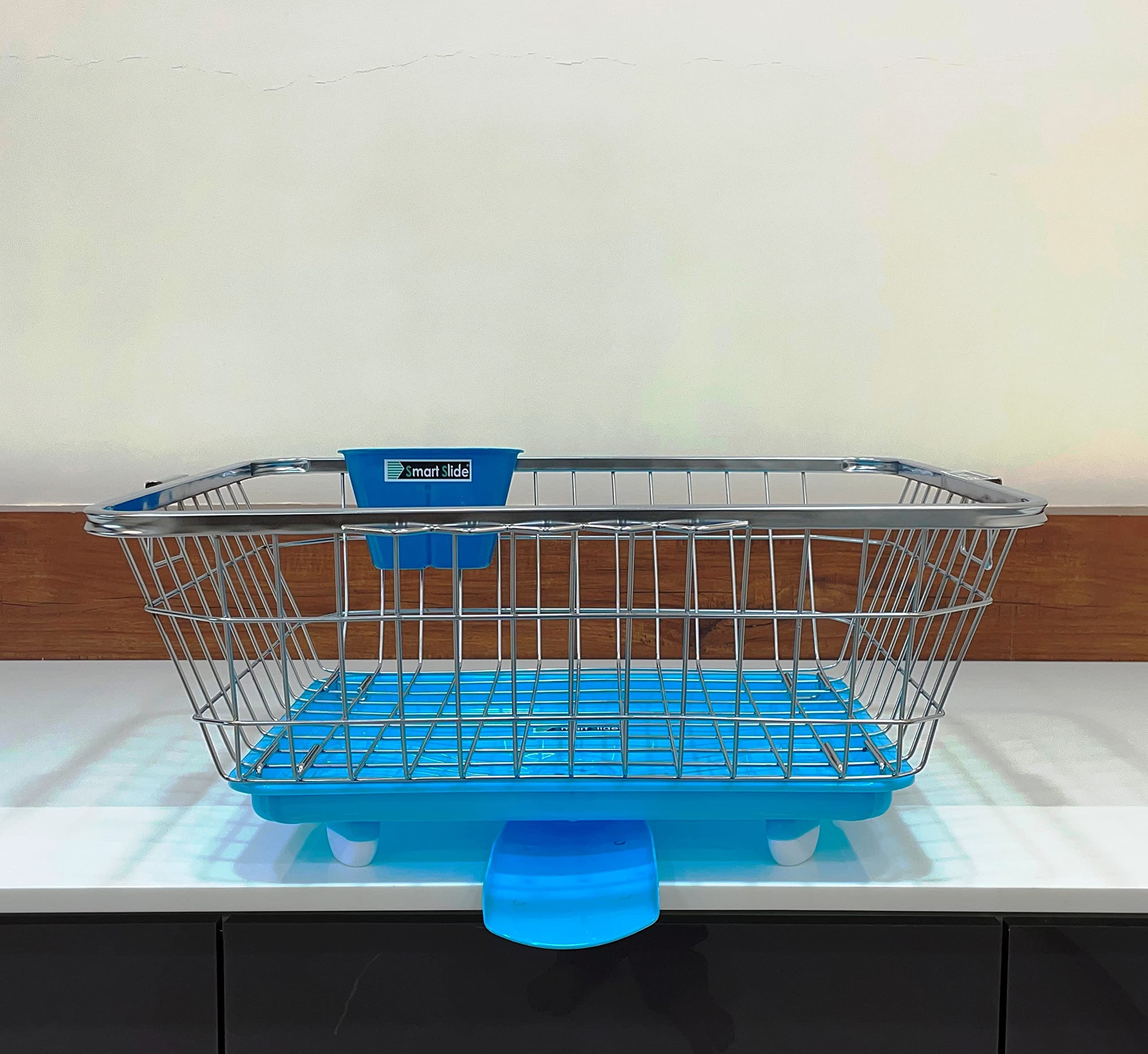 SmartSlide Stainless Steel Utensil Basket & Dish Drainer with Tray - Kitchen Sink Organizer, Spoon Holder & Drying Rack for Dishes, Cutlery & Cookware - Perfect for Countertop, RV, Small Spaces & Dishwashing Stations