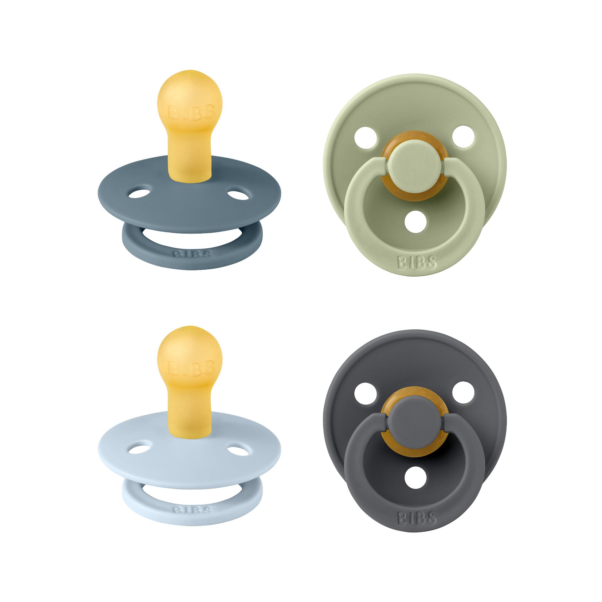 BIBS Colour Soother 4-Pack - BPA Free Baby Pacifier with Round Nipple, Natural Rubber Latex, Made in Denmark, Size 1 (0-6 Months), Baby Blue Mix - Perfect for Newborns & Infants, Soothing & Comforting for Daytime & Nighttime Use