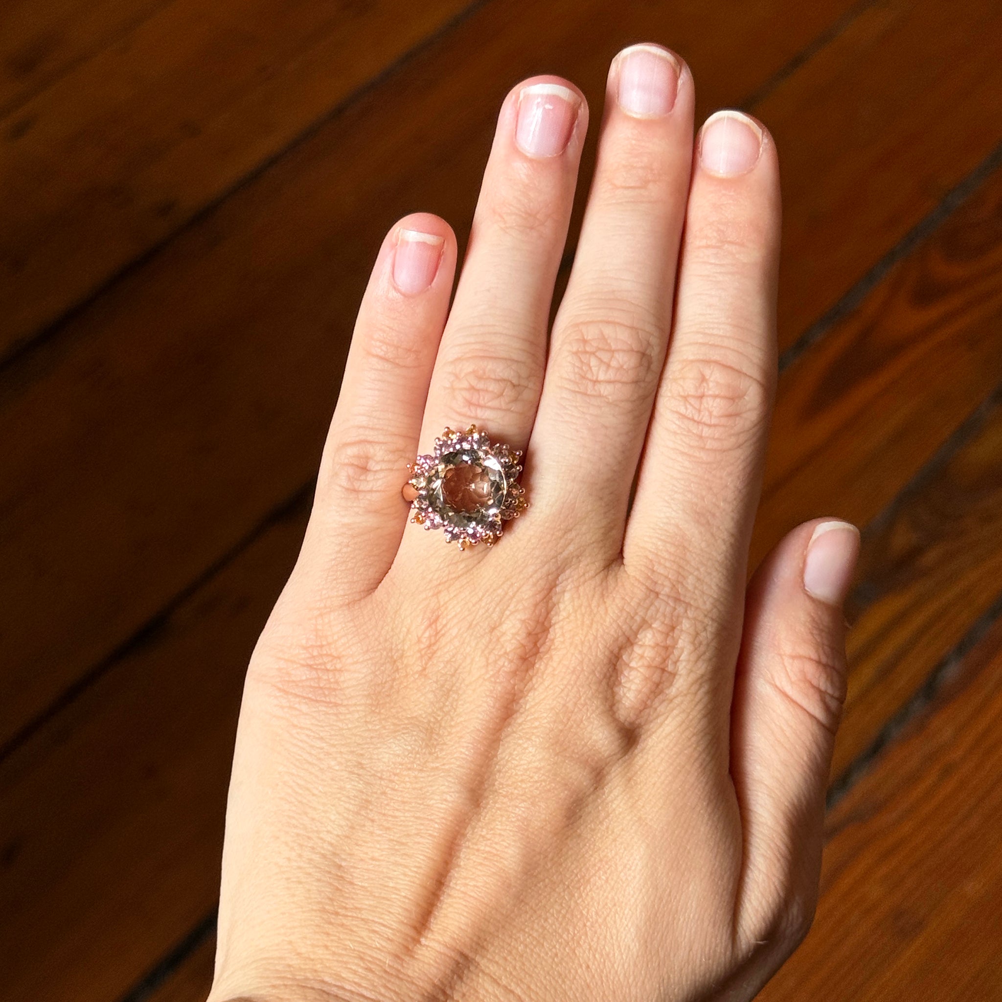 14K Rose Gold Ring with Smoky Quartz, Mandarin Garnet & Mixed Sapphires | Elegant Jewelry for Women | Perfect for Weddings, Anniversaries & Special Occasions