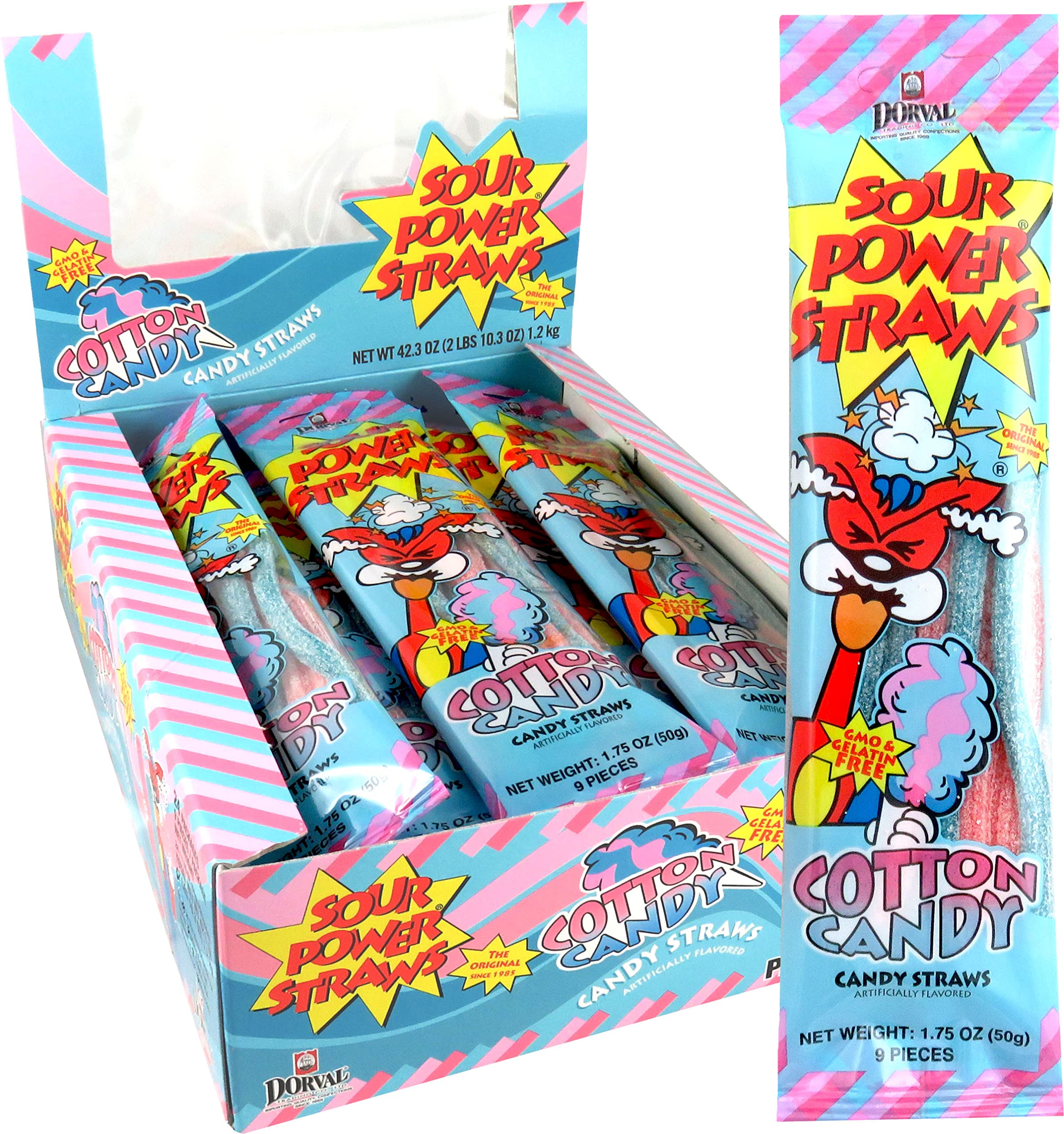Sour Power Candy Straws - 24 Pack of 1.75oz Cotton Candy Flavor Fun Straws | Party Favors, Birthday Treats & Classroom Rewards
