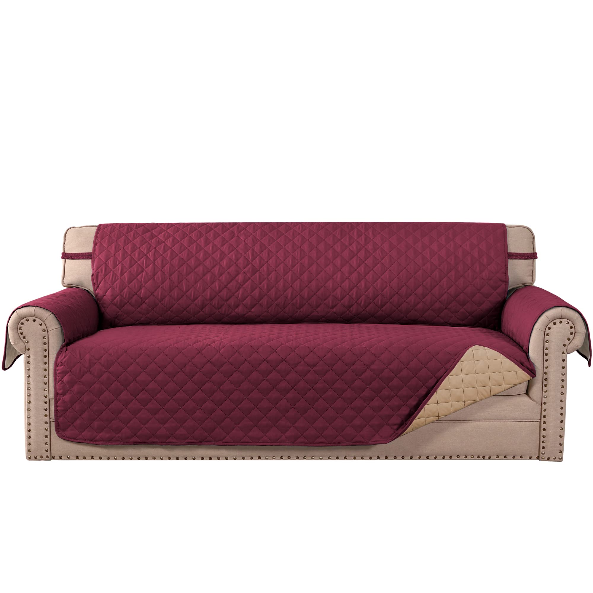 MeilleMaison Reversible Quilted Sofa Slipcover - Water Resistant Furniture Protector with Elastic Straps for Pets & Kids (Oversized Sofa, Wine/Tan) - Perfect for Living Room, Family Room & Pet-Friendly Homes