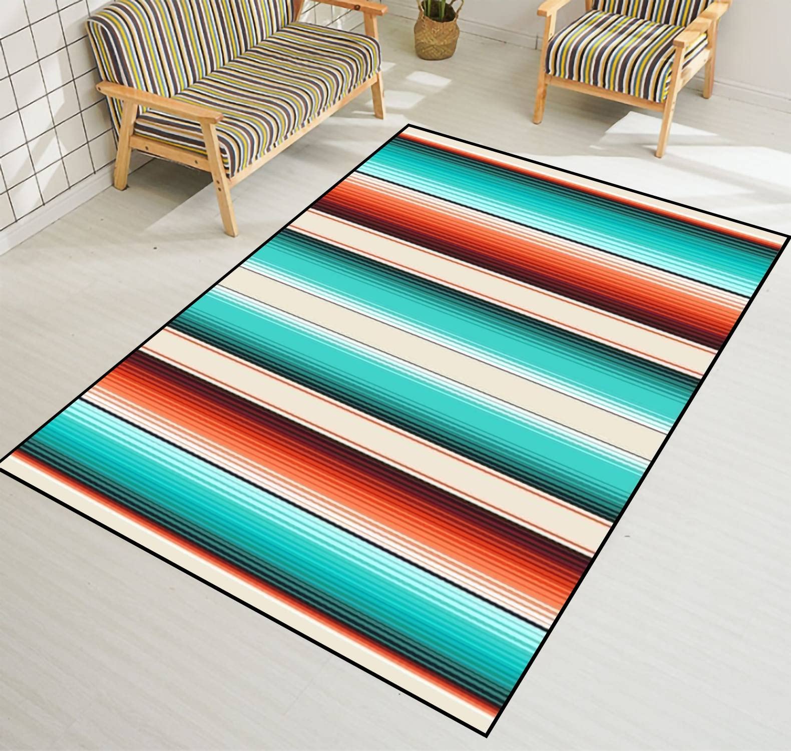 Non-Slip Area Rug - Navajo Style White Turquoise Orange Mexican Serape Stripes Indoor/Outdoor Carpet - Perfect for Living Room, Bedroom, Kids Room, Yoga Studio & Patio Decor