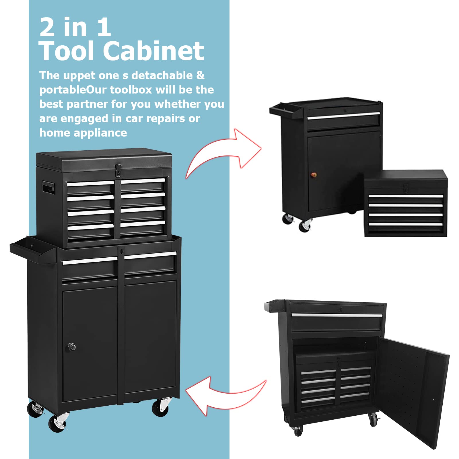 High Capacity 5-Drawer Rolling Tool Chest Box with Portable Top Box & Keyed Locking System - Garage Storage Cabinet with Wheels, Toolbox Organizer (Red) - Perfect for Home Garage, Workshop & Professional Mechanics