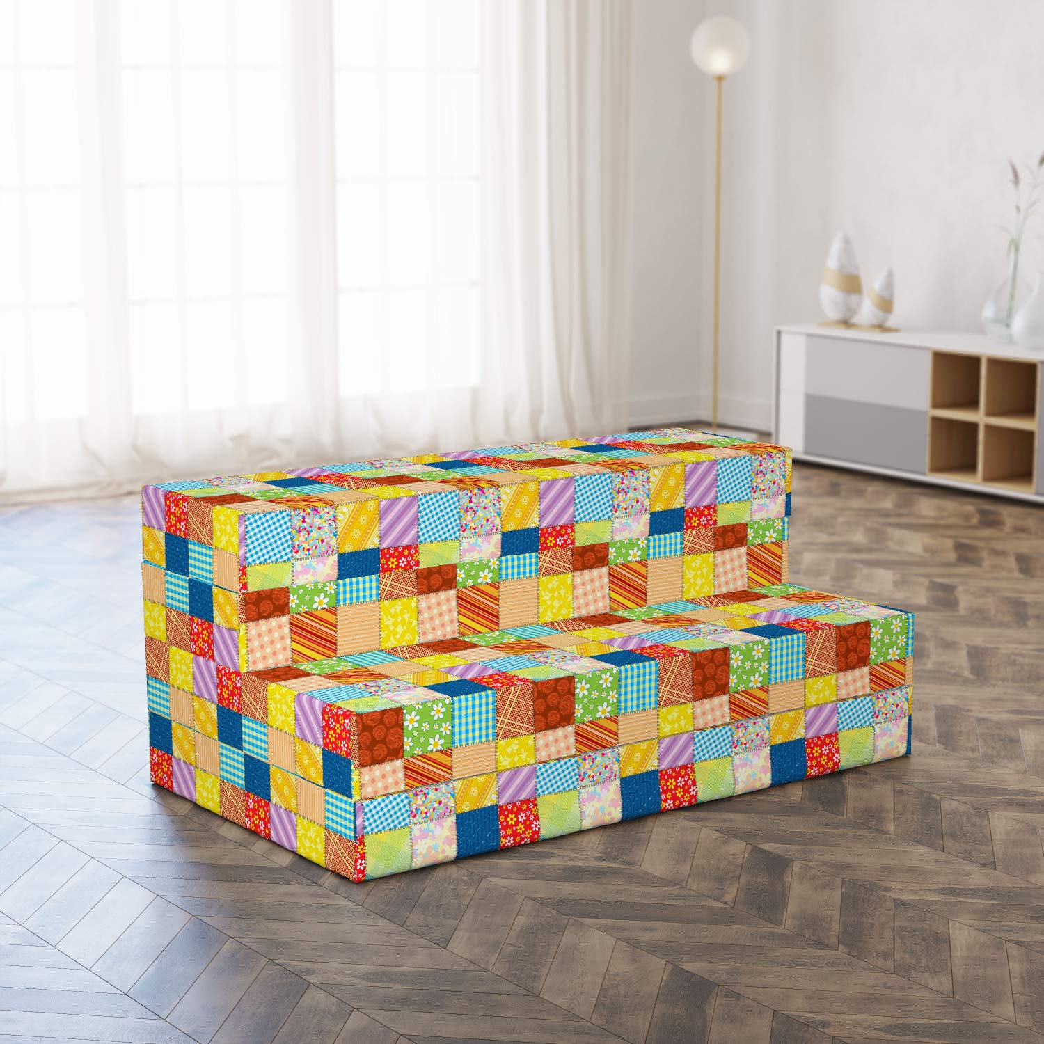 Lunarable Foldable Mattress - Floral Plaid Quilt Design, 78.7 x 47.2 Inches, Multicolor - Perfect for Guest Beds, Camping & Space-Saving Storage