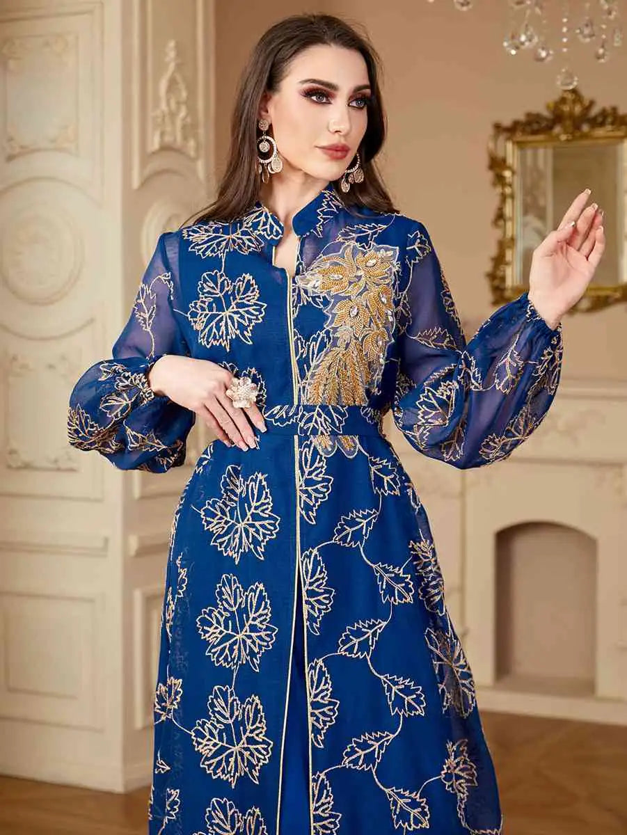 2 Piece Eid Embroidery Dress Set - Flowy Caftan Kaftan with Matching Sleeveless Inner Dress | Elegant Muslim Women's Outfit for Eid Celebrations, Parties & Special Occasions
