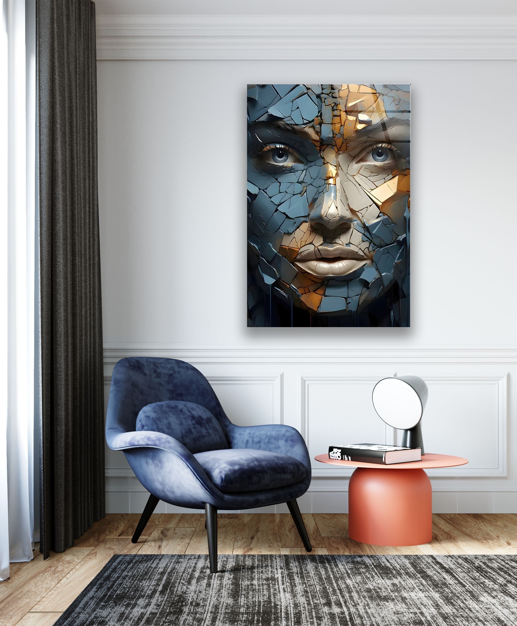 Blue Cracked Design Woman Glass Wall Art - Elegant Home Decor for Living Room, Bedroom & Office - Perfect Gift Idea