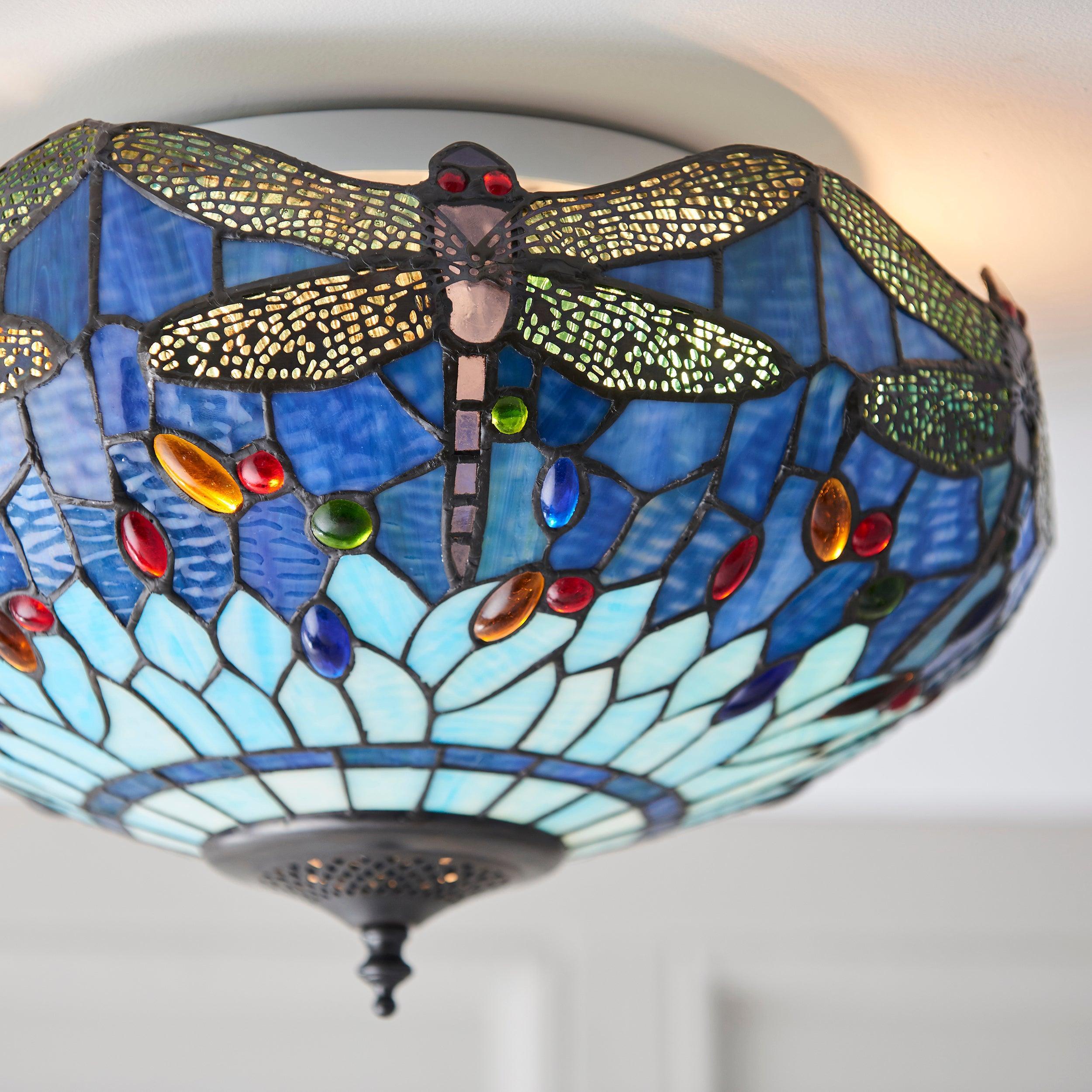 Blue Dragonfly Tiffany Style Flush Mount Ceiling Light - Elegant Vintage Stained Glass Fixture for Dining Room, Bedroom or Living Room