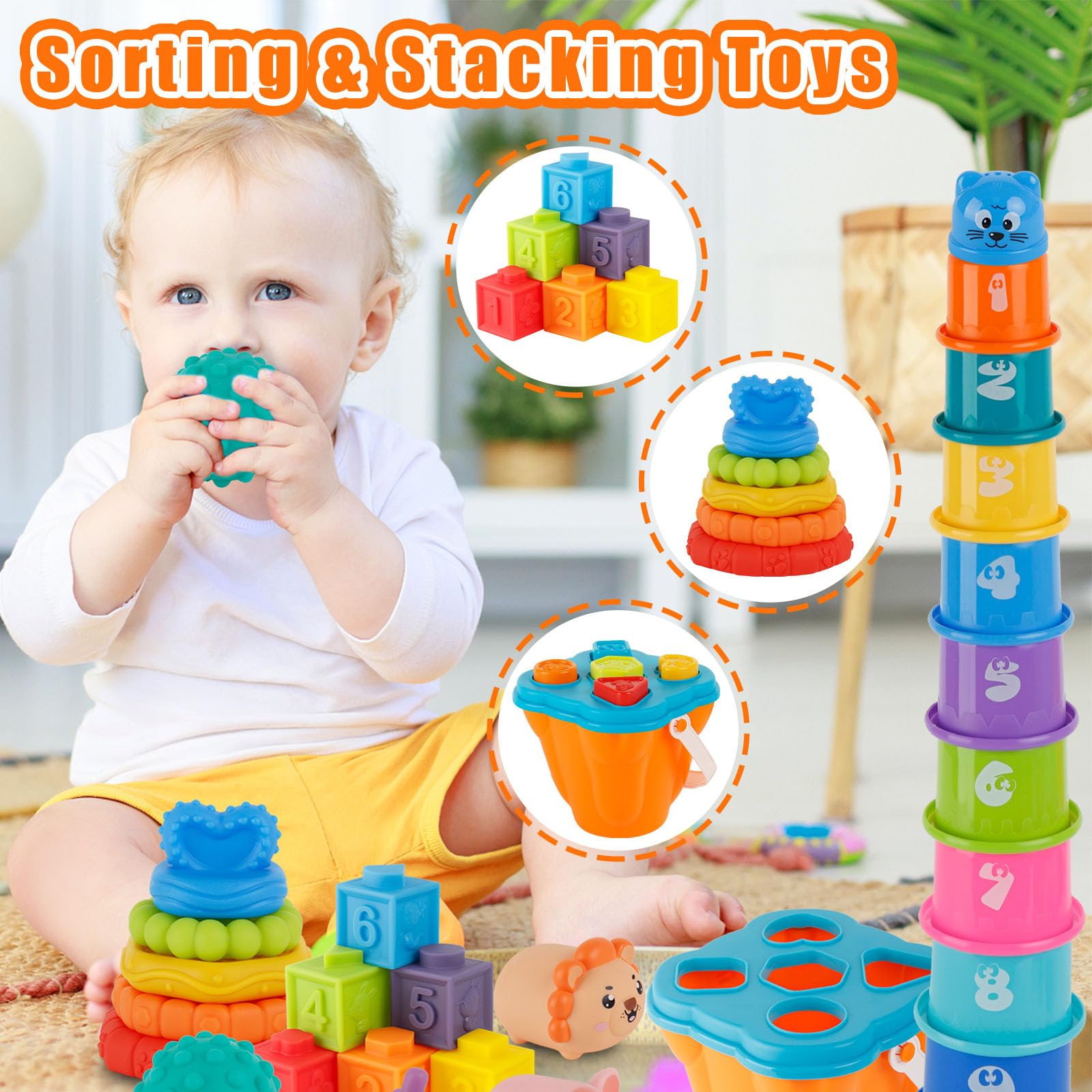Ganowo 6-in-1 Montessori Baby Toys for 6-12 Months - Food-Grade Sensory Toys, Stacking Circles, Shape Sorter & Teether - Educational Learning Gifts for 1 Year Old Boys & Girls - Perfect for Early Development & Playtime