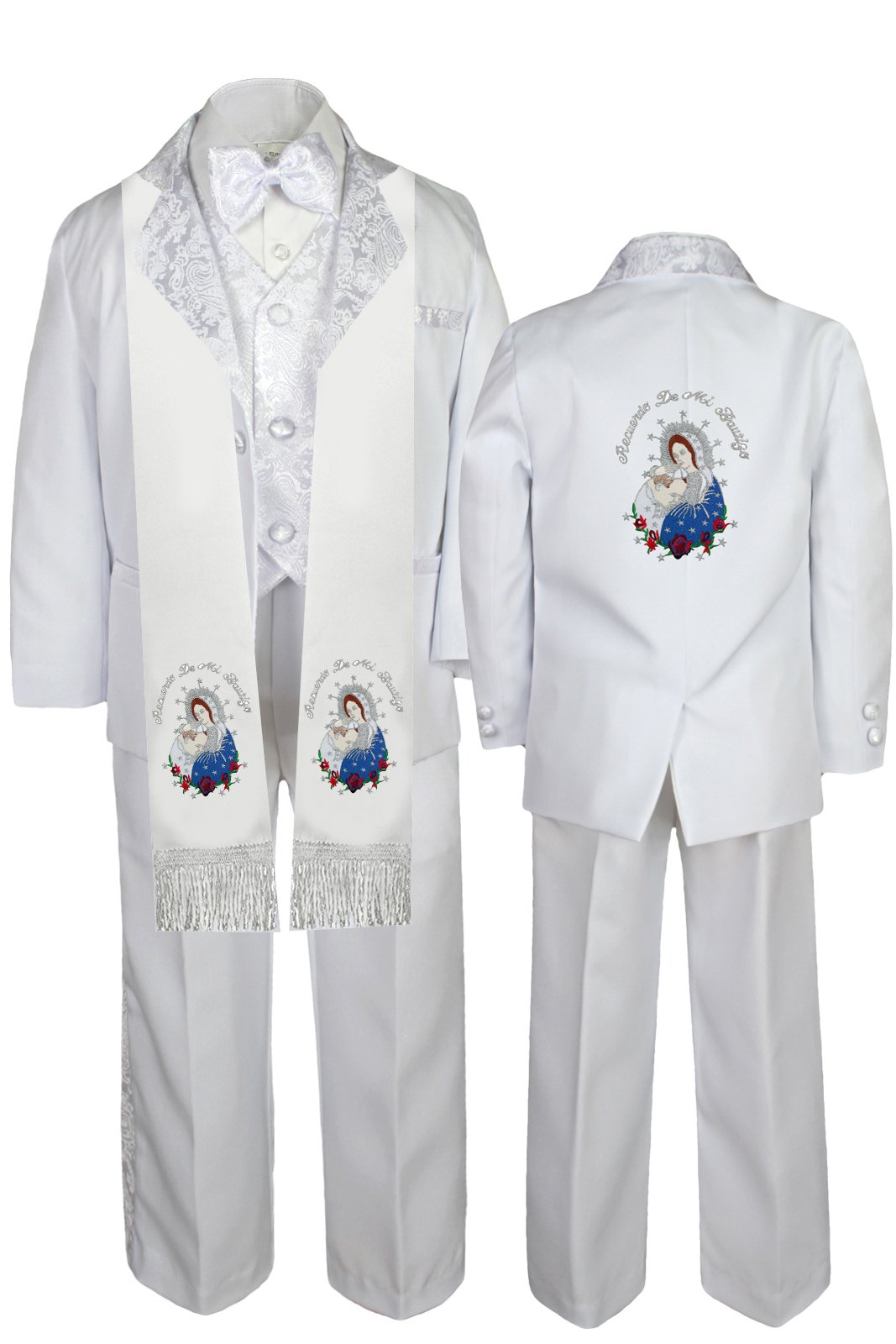 Baby Boy's White Paisley Tuxedo for Baptism & First Communion - Spanish Style Virgin Mary Design (Sizes SM-7) - Perfect for Christenings, Weddings & Special Occasions
