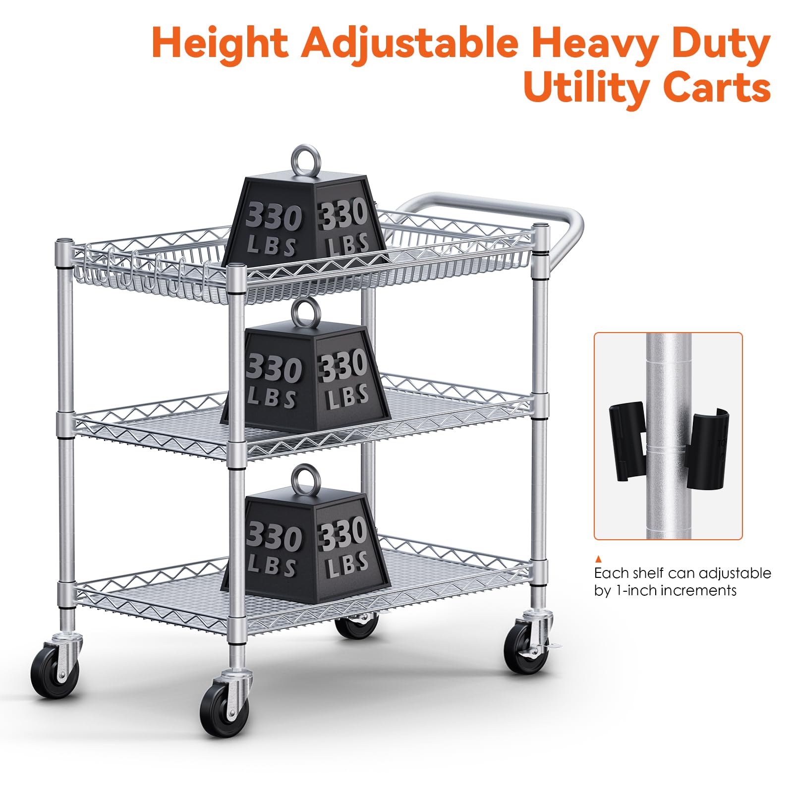 990Lbs Capacity Heavy Duty Rolling Utility Cart - NSF Certified Commercial Grade Metal Cart with Wheels, Handle Bar & Shelf Liner - Multi-Purpose Trolley Serving Cart for Kitchen, Restaurant, Hotel, Warehouse & Industrial Use