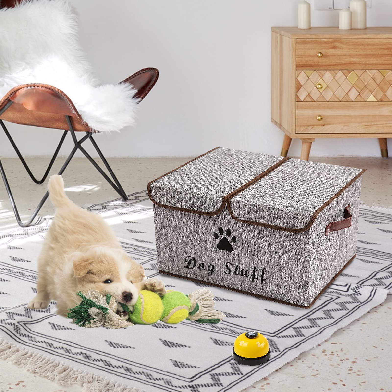Durable Dog Toy Storage Box with Lid - Pet Organizer Basket for Dog Toys, Perfect for Living Room, Playroom & Closet - Light Gray Home Organization Solution for Pet Lovers