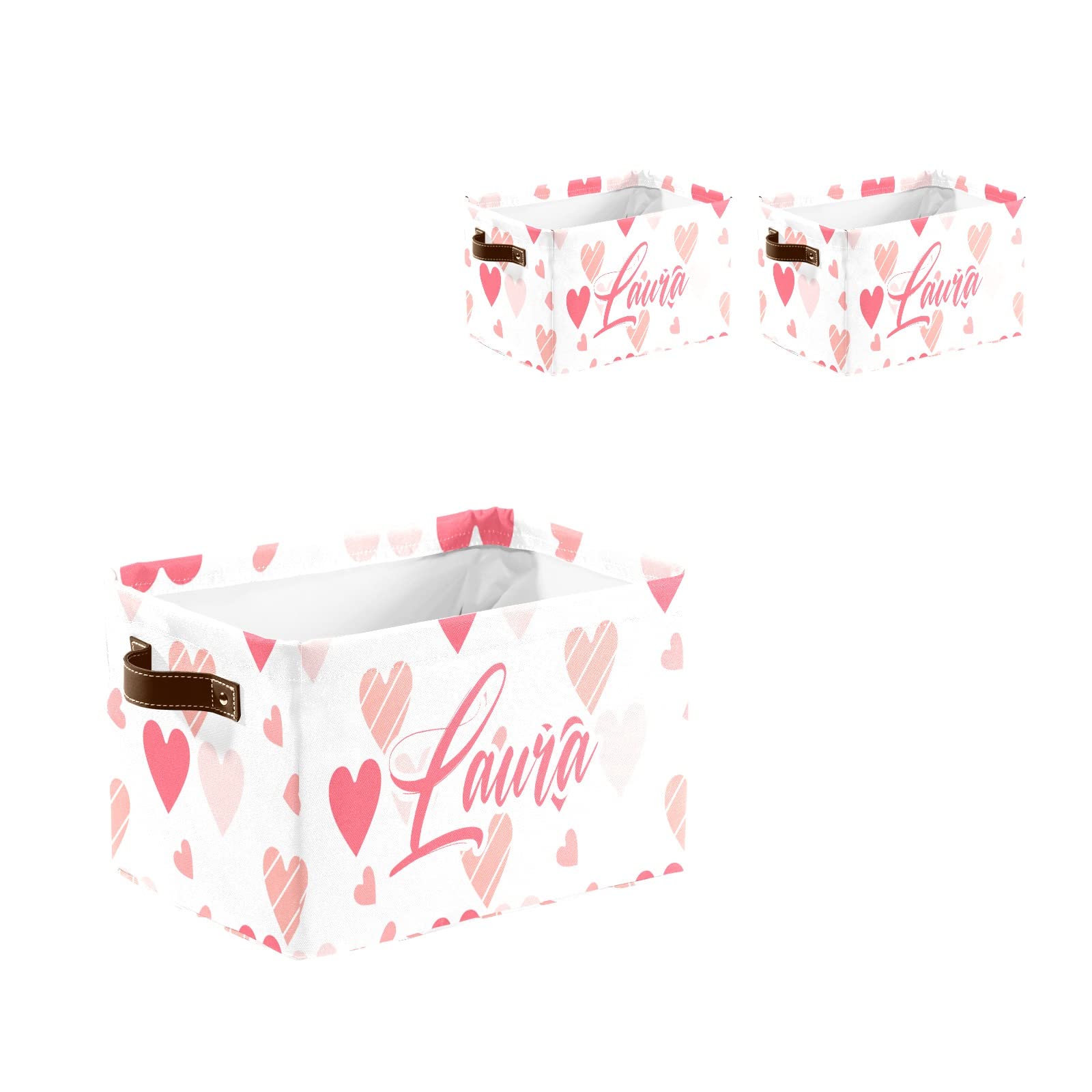 Personalized Pink Heart Storage Bins with Handles - Custom Name Closet Organizer Box, 2 Pack - Perfect for Bedroom, Nursery & Kids Room Organization