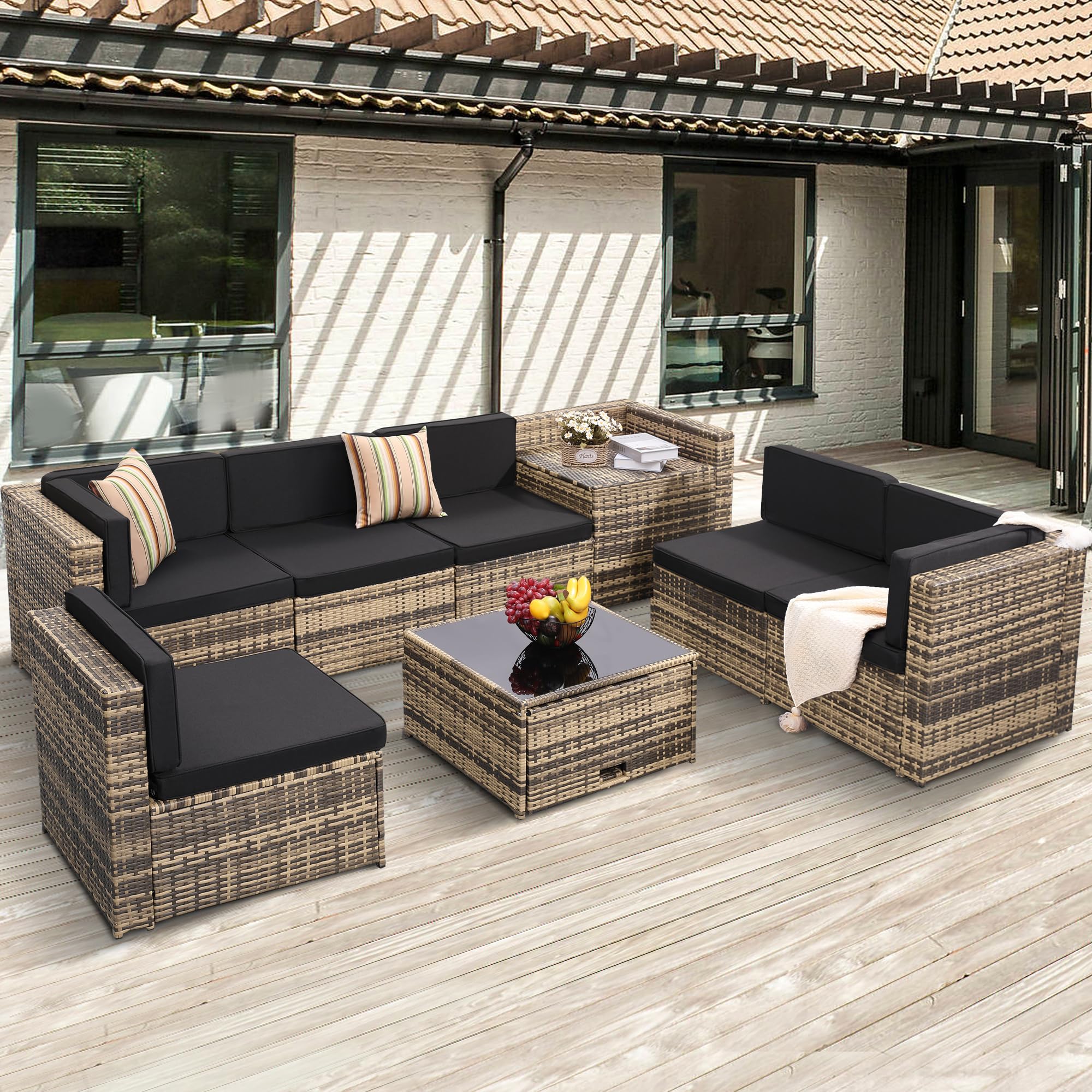 8-Piece Outdoor Wicker Patio Furniture Sectional Set with Glass Top Table & Hidden Storage - 7 Seating Components, Natural Rattan with Black Overstuffed Cushions - Perfect for Backyard, Garden, Poolside & Outdoor Lounge Areas
