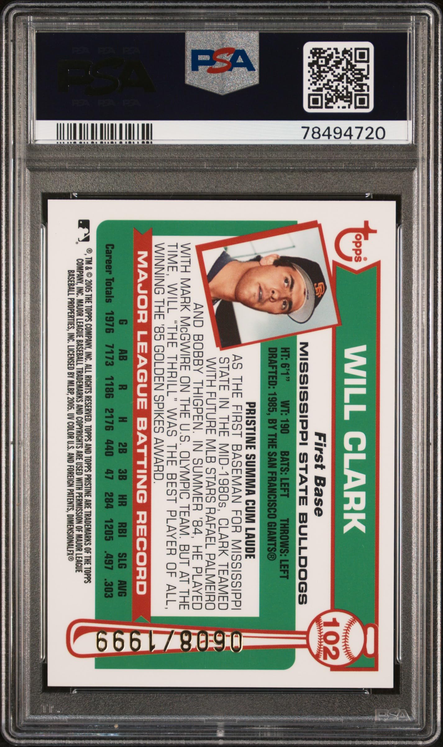Will Clark 2005 Panini Pristine #102 Autographed Baseball Card - PSA 10 Gem Mint Certified (78494720) - Perfect for Sports Memorabilia Collectors & MLB Fans