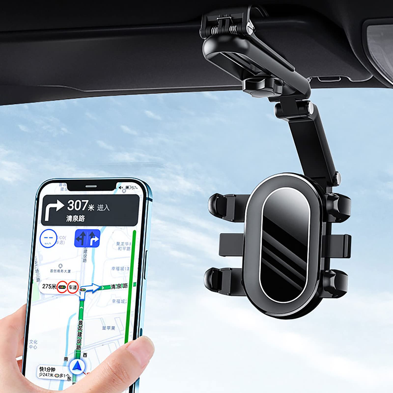 360° Rotating Universal Car Clip Phone Holder - Adjustable Rearview Mirror Mount for GPS, Dash Cam & Smartphones | Perfect for Hands-Free Navigation & Recording While Driving