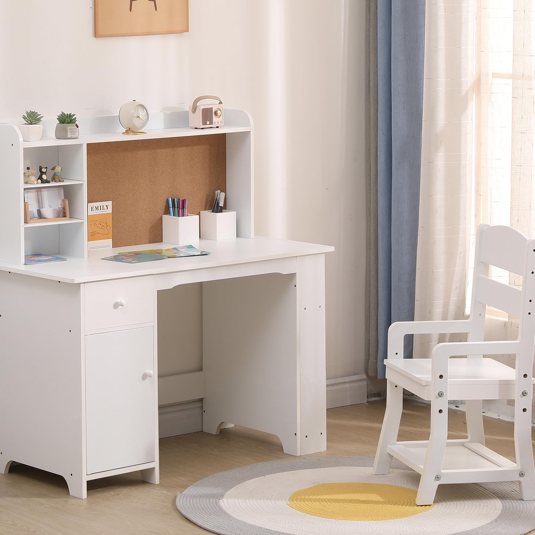 White Study Desk and Chair Set with Bookshelf, Bulletin Board & Storage Cabinets - Perfect Kids Study Furniture for Boys & Girls Ages 3-8 - Ideal for Bedroom, Homeschooling & Learning Activities