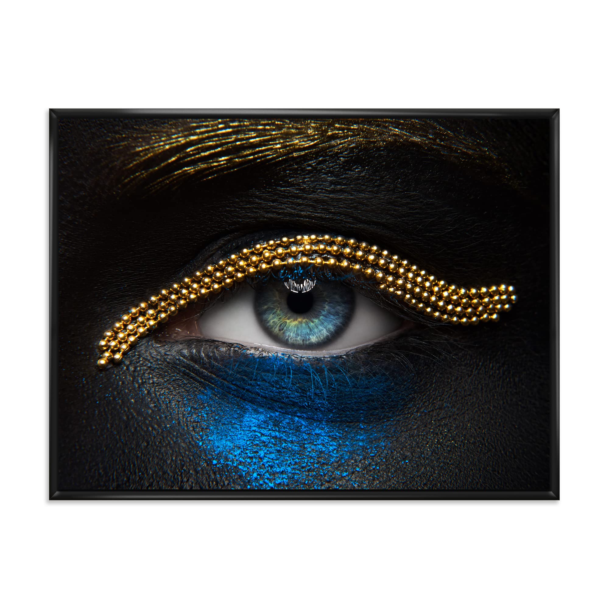Gold Chain & Blue Pigment Modern Framed Canvas Wall Art Print - Elegant Woman Eyes Painting for Living Room, Bedroom & Office Decor