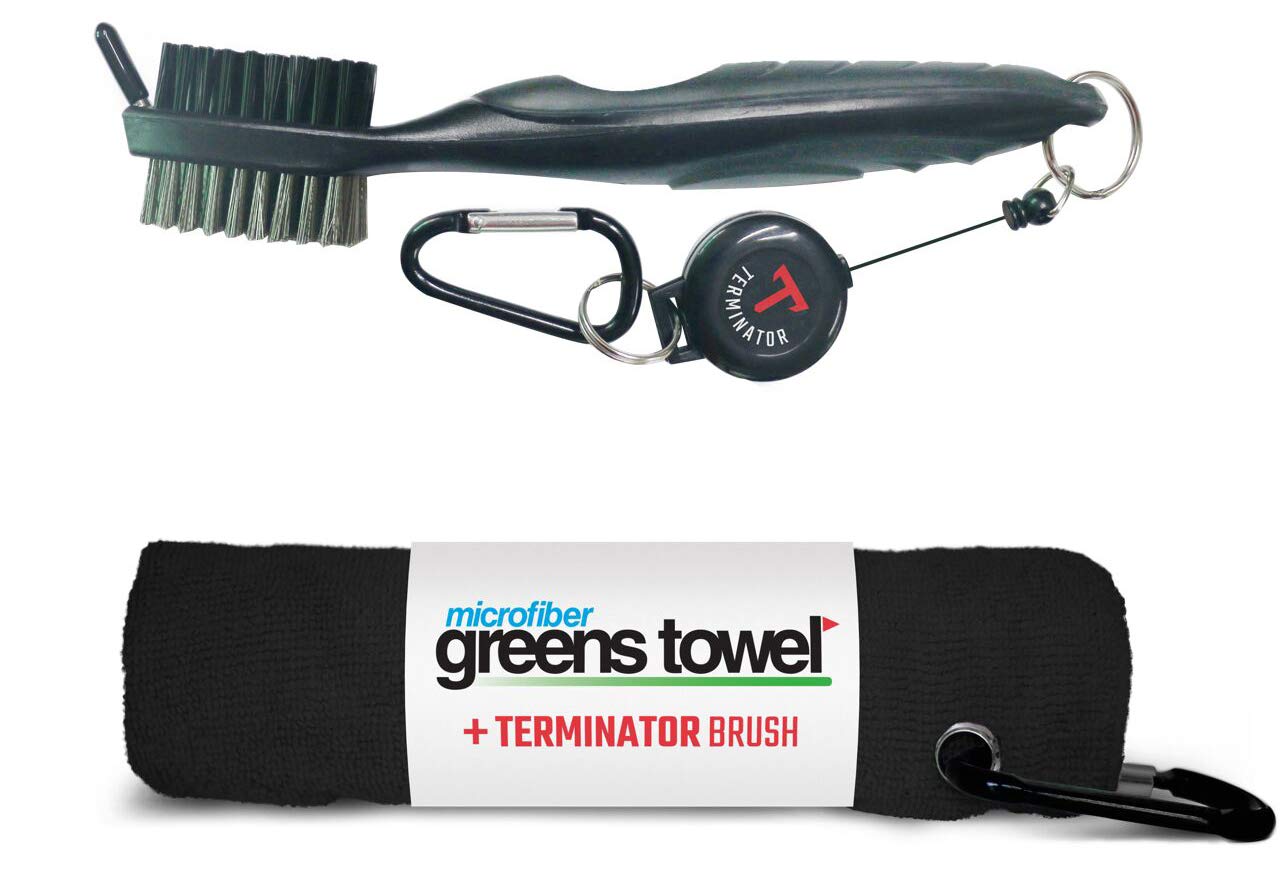 Greens Towel Plus Terminator Brush - Large Black Golf Cleaning Tool for Clubs, Shoes & Accessories | Durable & Effective