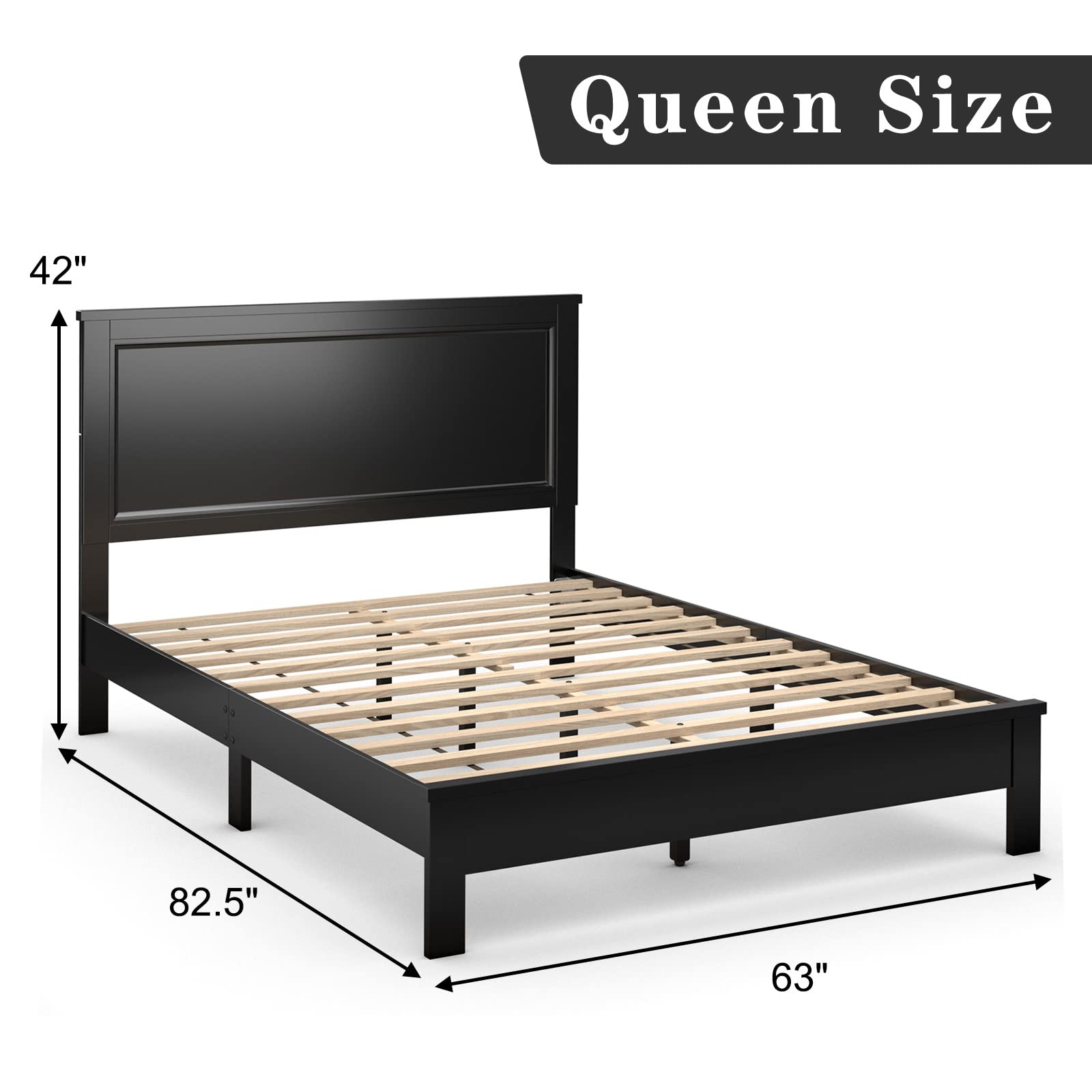 KOMFOTT Queen Size Wood Platform Bed Frame with Headboard - Solid Wood Mid Century Modern Bed Frame with Slat Support & Under Bed Storage - No Box Spring Needed - Mattress Foundation Bed Base in Black - Perfect for Small Bedrooms & Guest Rooms