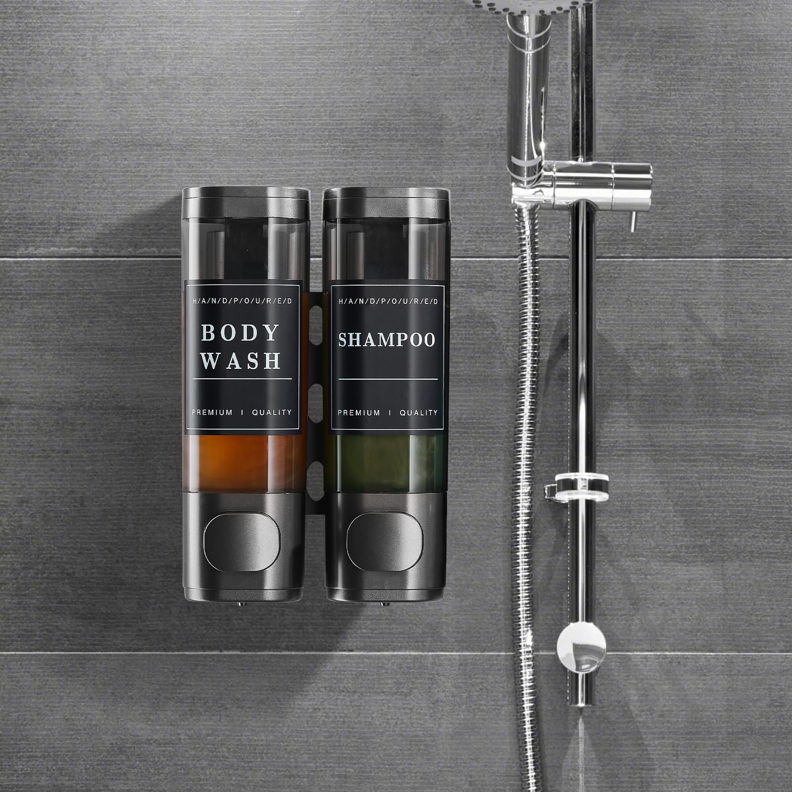 2-Chamber No Drill Wall-Mounted Shower Soap Dispenser - Shampoo & Conditioner Dispenser for Bathroom, Hotel - Large Capacity Dark Gray - Perfect for Spa-Like Showers & Clutter-Free Bathroom Organization