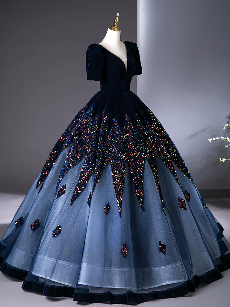 Elegant A-Line V-Neck Velvet Tulle Dark Blue Long Prom Dress | Formal Evening Gown for Women | Perfect for Homecoming, Ball, and Special Occasions