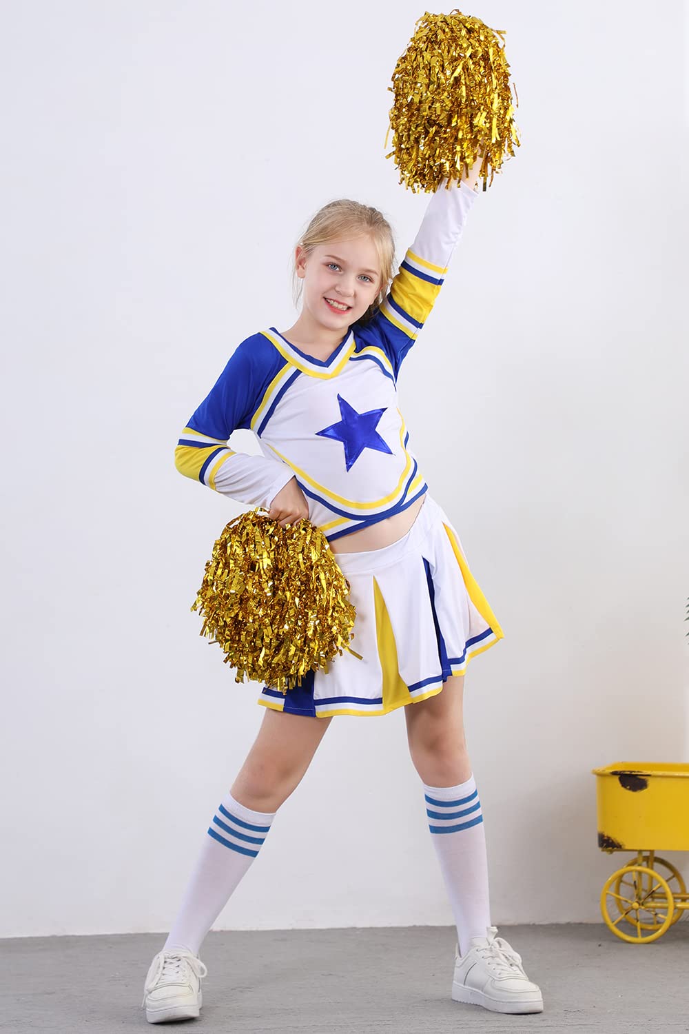 Lontakids Cheerleader Costume for Girls - Cheerleading Uniform Dress Outfit with Stockings & 2 Pom Poms | Perfect for Halloween, Cheer Competitions & School Spirit Events