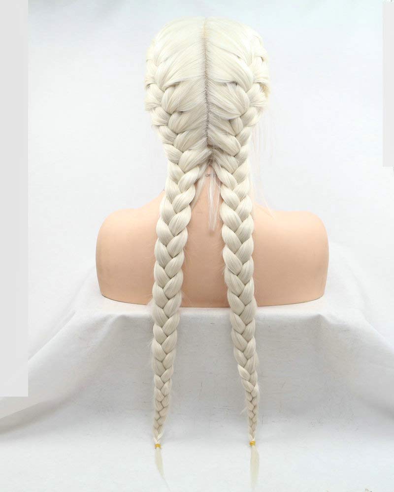 Natural Looking Long Braids Wigs for Women - Hand-Tied Double Braided Synthetic Lace Front Wig with Baby Hair - 60# White Blonde - Perfect for Daily Wear, Cosplay, and Protective Hairstyles