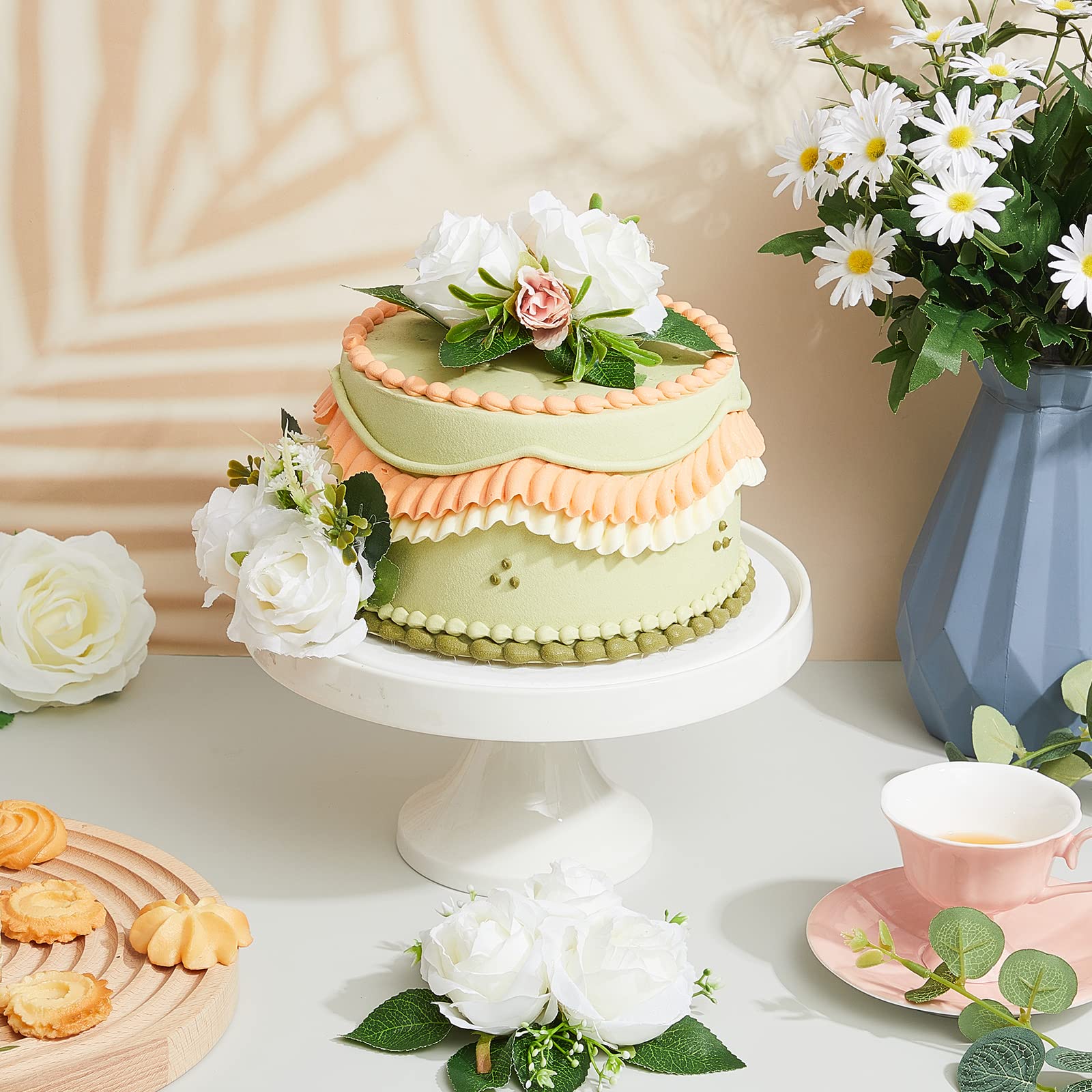 9-Piece Boho Floral Cake Topper Set - Eucalyptus Flower Decorations for Wedding, Birthday & Anniversary Cakes - Elegant White Cake Decor for Women's Parties & Special Events