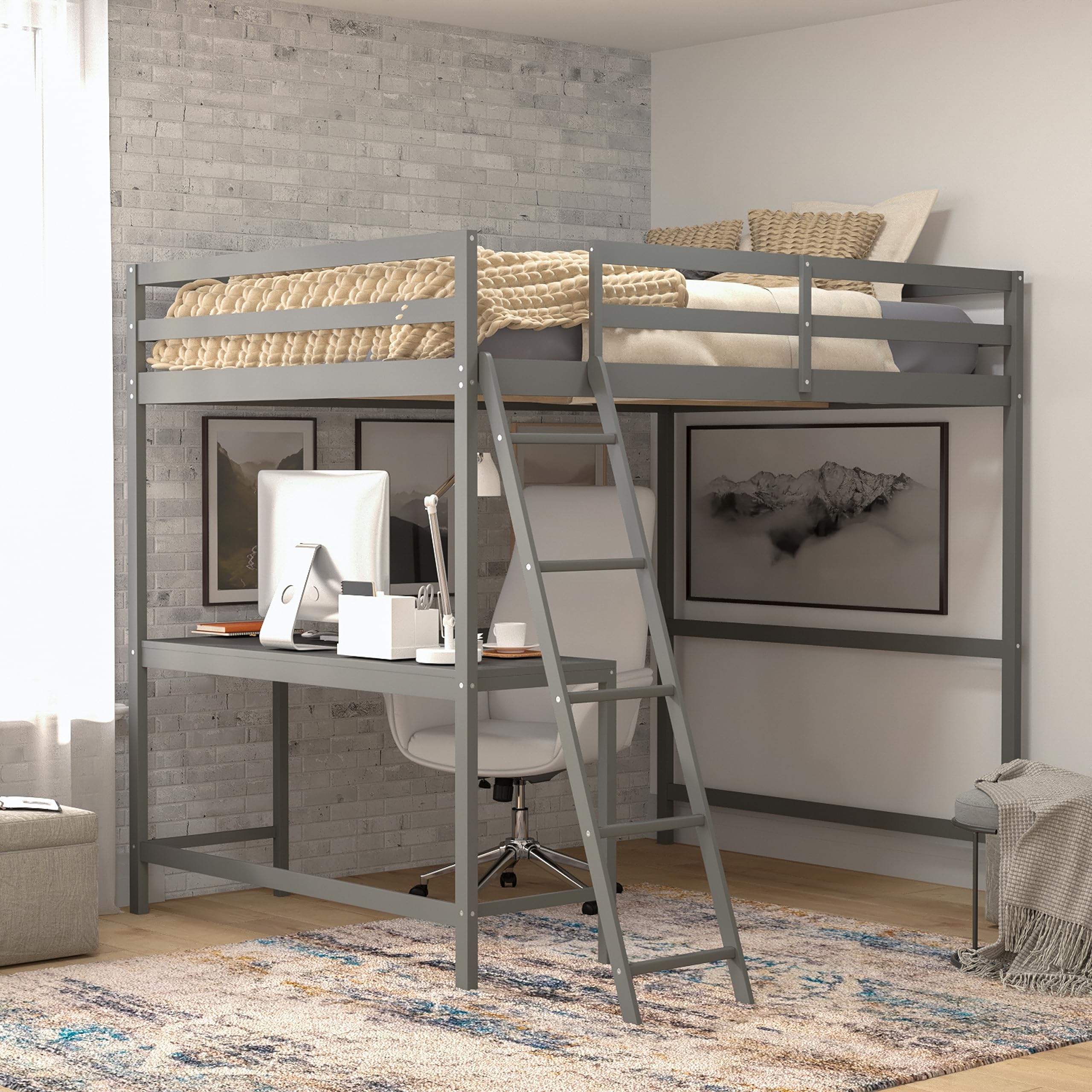Full Size Loft Bed Frame with Desk - Light Gray Wood Slats, Protective Guard Rails & Ladder - Space Saving Design for Kids & Teens - Perfect for Small Bedrooms & Dorm Rooms