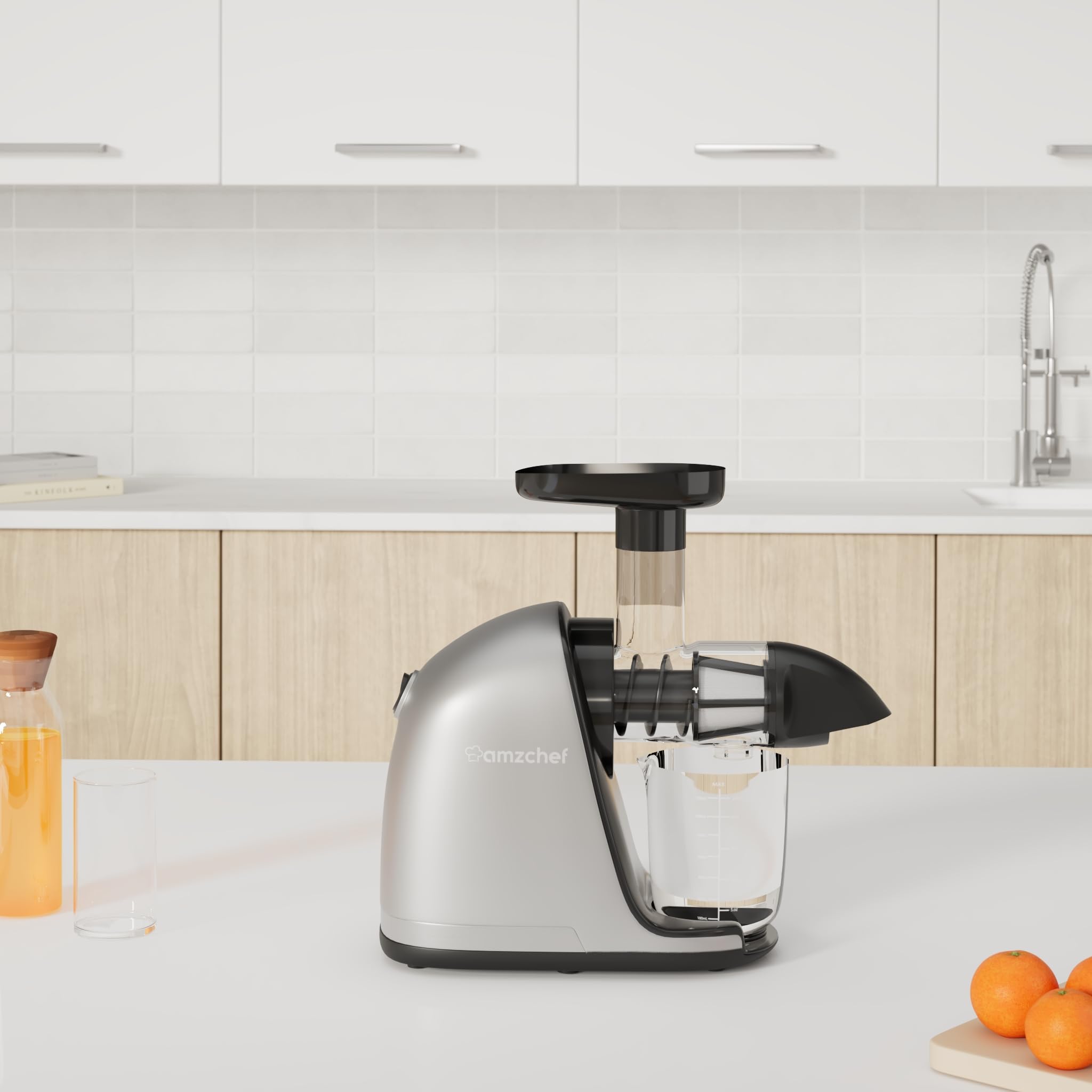 AMZCHEF Slow Masticating Juicer - Cold Press Whole Fruit & Vegetable Extractor with High Juice Yield, BPA-Free, Includes 2 Cups & Recipe Book (Grey) - Perfect for Healthy Juicing at Home, Office or Gym