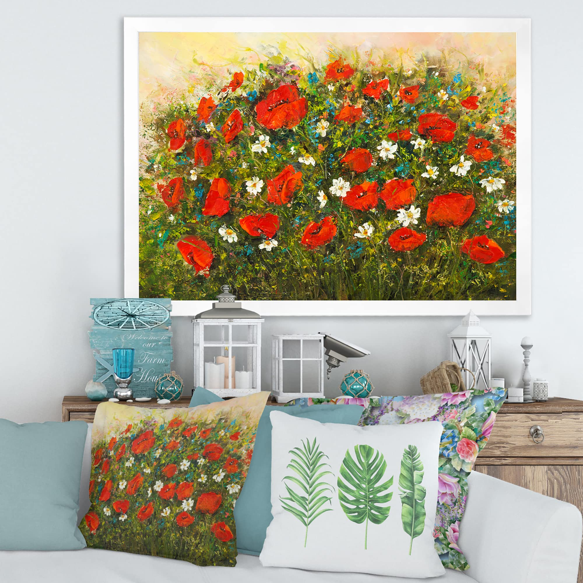 Red Wildflowers in the Fields Framed Wall Art - Traditional Landscape Painting for Living Room, Bedroom & Office Decor