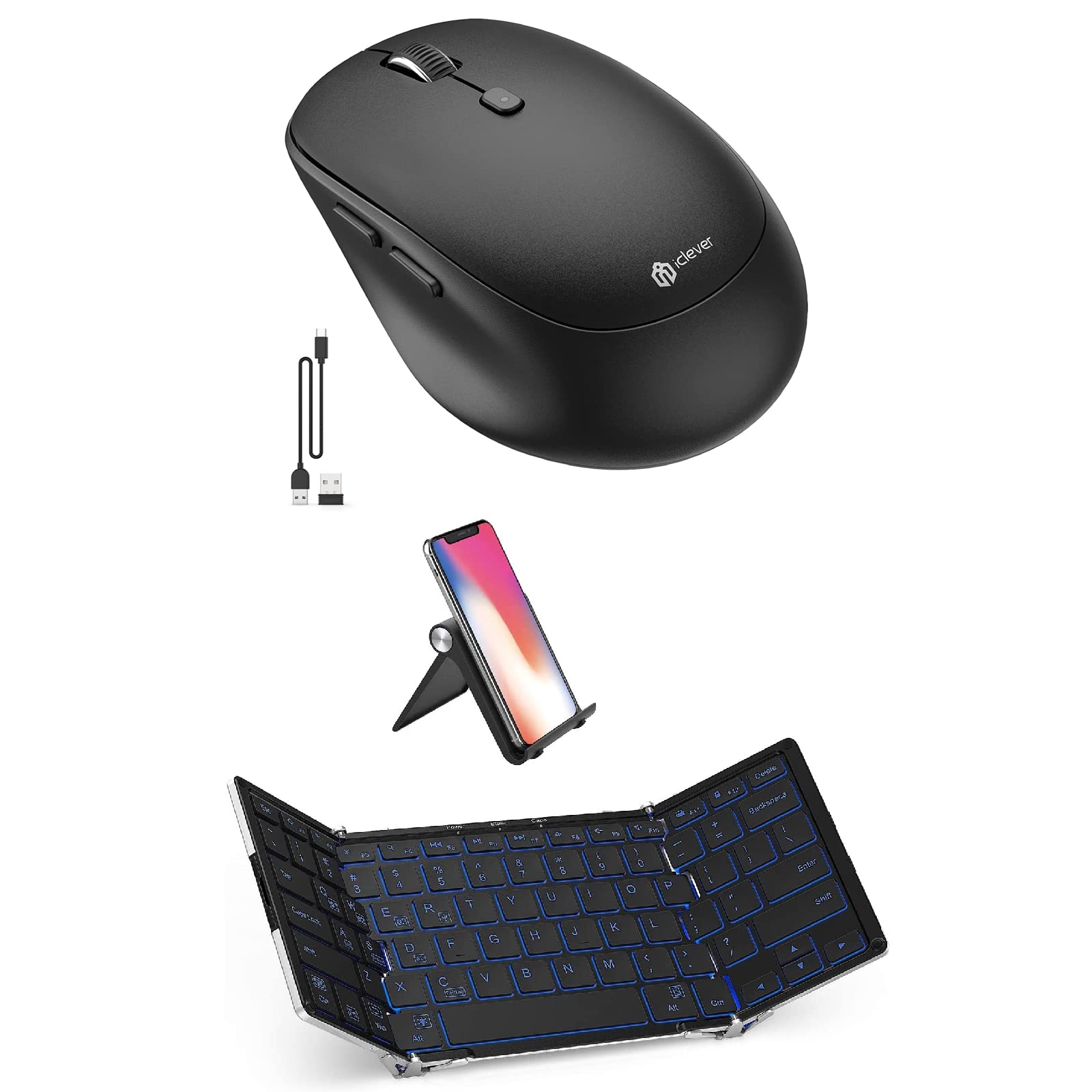 iClever BK05 Bluetooth 5.1 Keyboard - 3-Color Backlit, Foldable, Multi-Device Compatible with iOS/Android/Windows - Aluminum Alloy Base for Tablets, Smartphones, Laptops & PC | Perfect for Travel, Office & Home Use
