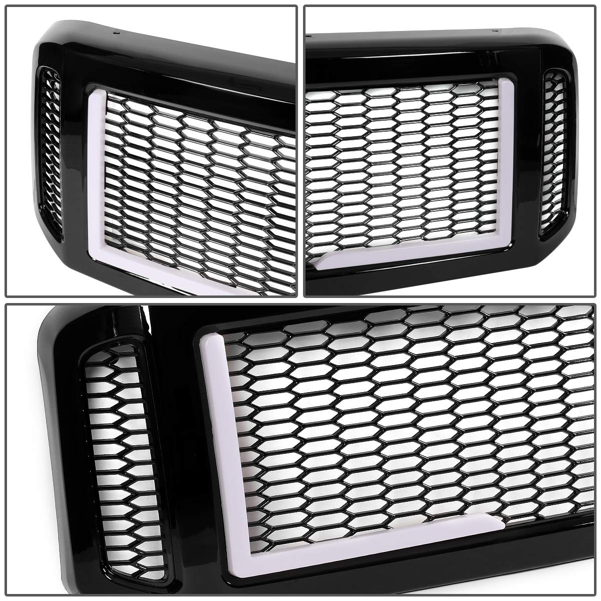 DNA MOTORING GRF-LB-017-BK Gloss Black Badgeless Diamond Mesh LED Front Bumper Grille for 2005-2007 Ford Excursion, F-250 SD/F-350 SD/F-450 SD/F-550 SD - Upgrade Your Truck's Style & Lighting for Off-Road & Custom Builds