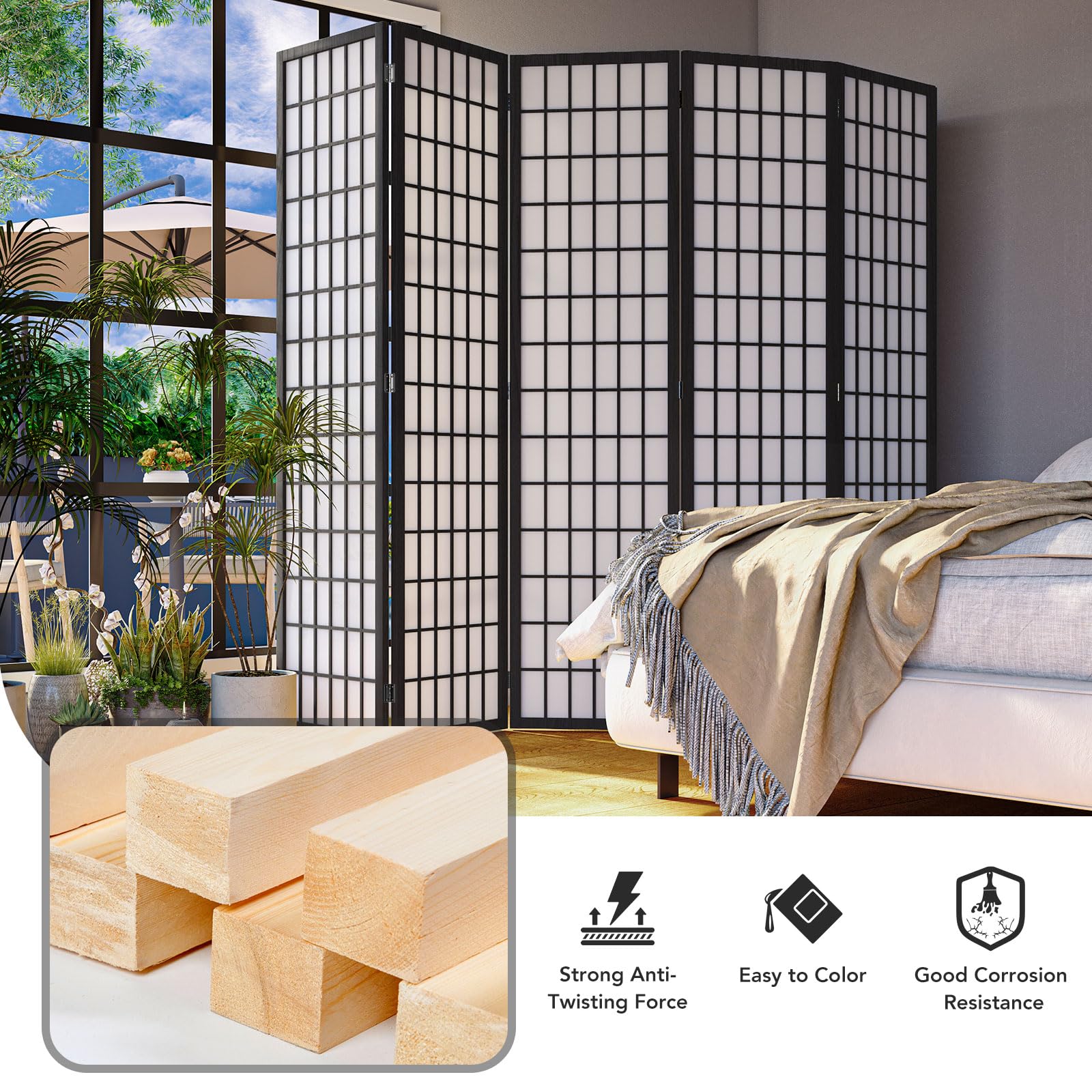 JOSTYLE 6-Panel Room Divider - 5.9 Ft Folding Privacy Screen for Home & Office - Japanese Shoji Style Partition Wall in Black - Perfect for Bedroom Separation, Living Room Privacy & Office Space Dividers