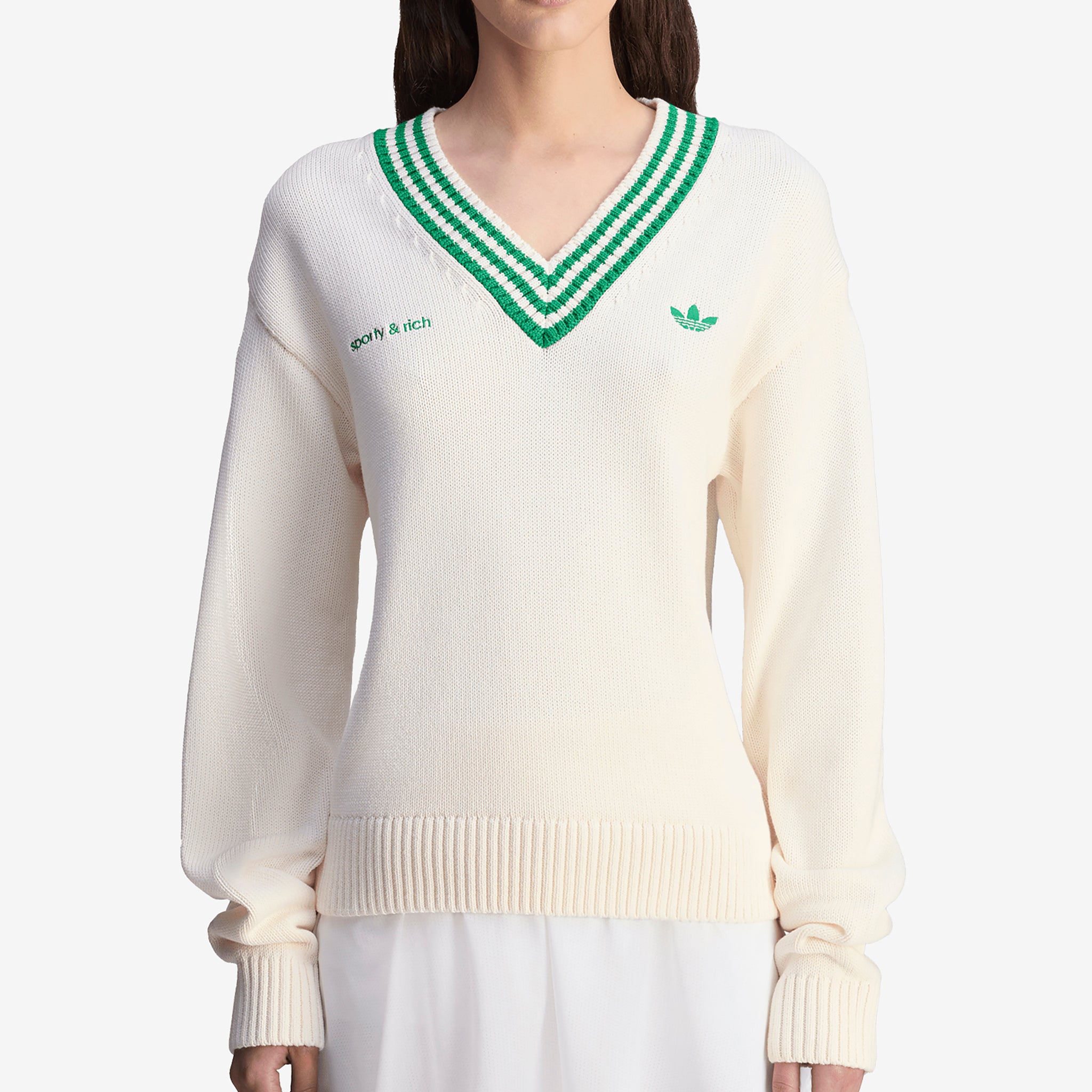 Sporty & Rich Women's V-Neck Sweatshirt in Off White & Court Green | Casual Streetwear for Women | Perfect for Gym, Lounge & Everyday Wear