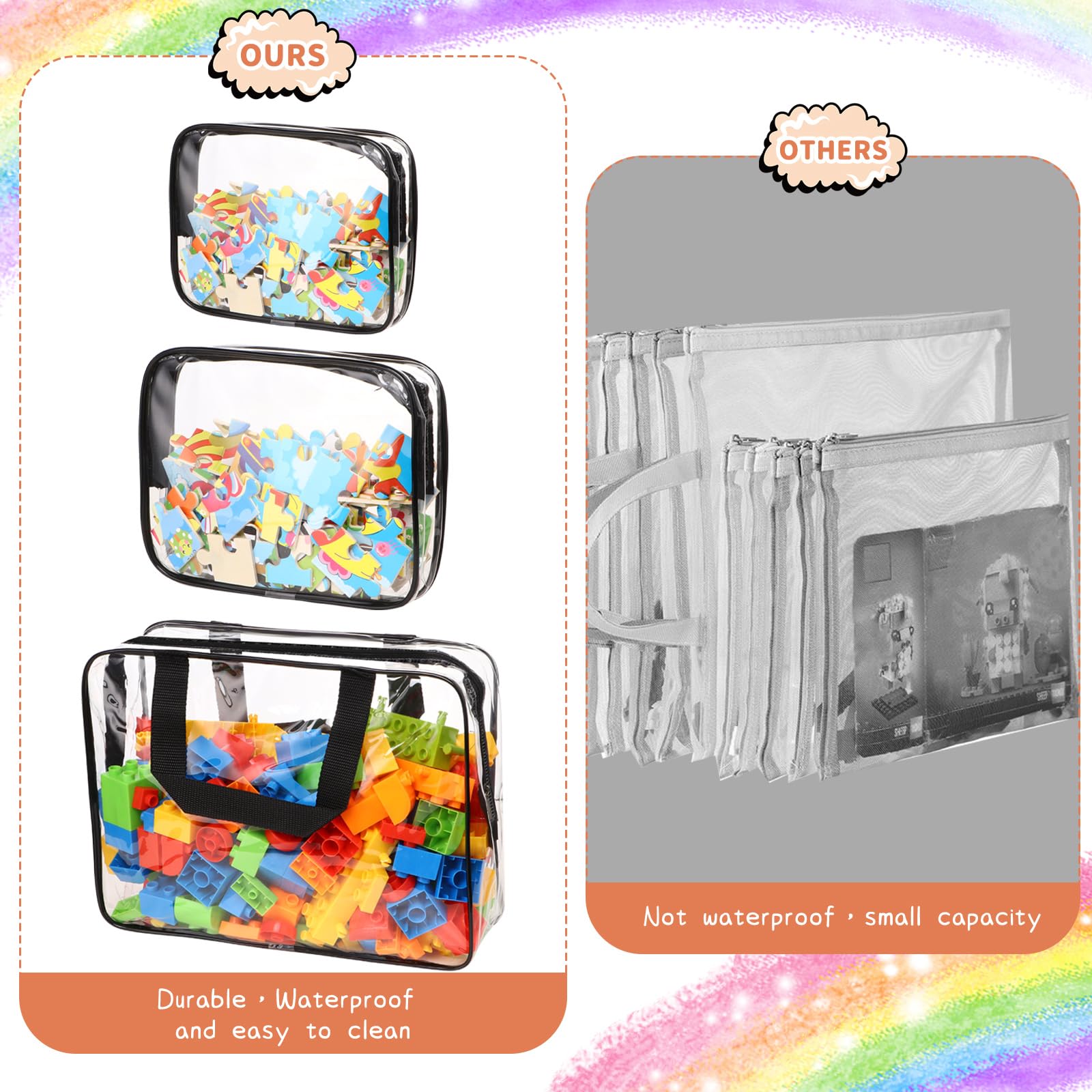 18 Pack Large Clear PVC Toy Storage Bags with Zipper & Labels - Waterproof Travel Organizer for Kids Toys, Building Blocks, Puzzles & Books (Black) - Perfect for Home Organization, Playroom Storage & Travel